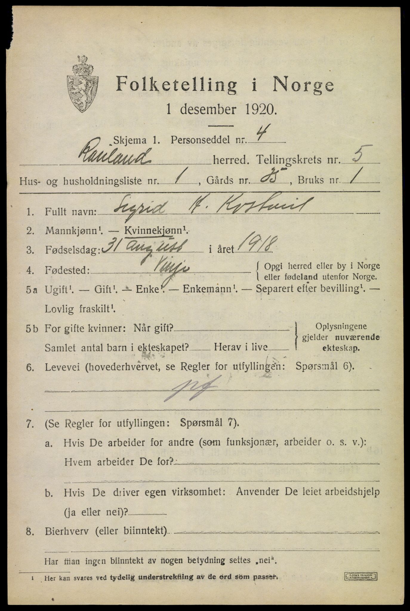 SAKO, 1920 census for Rauland, 1920, p. 1016