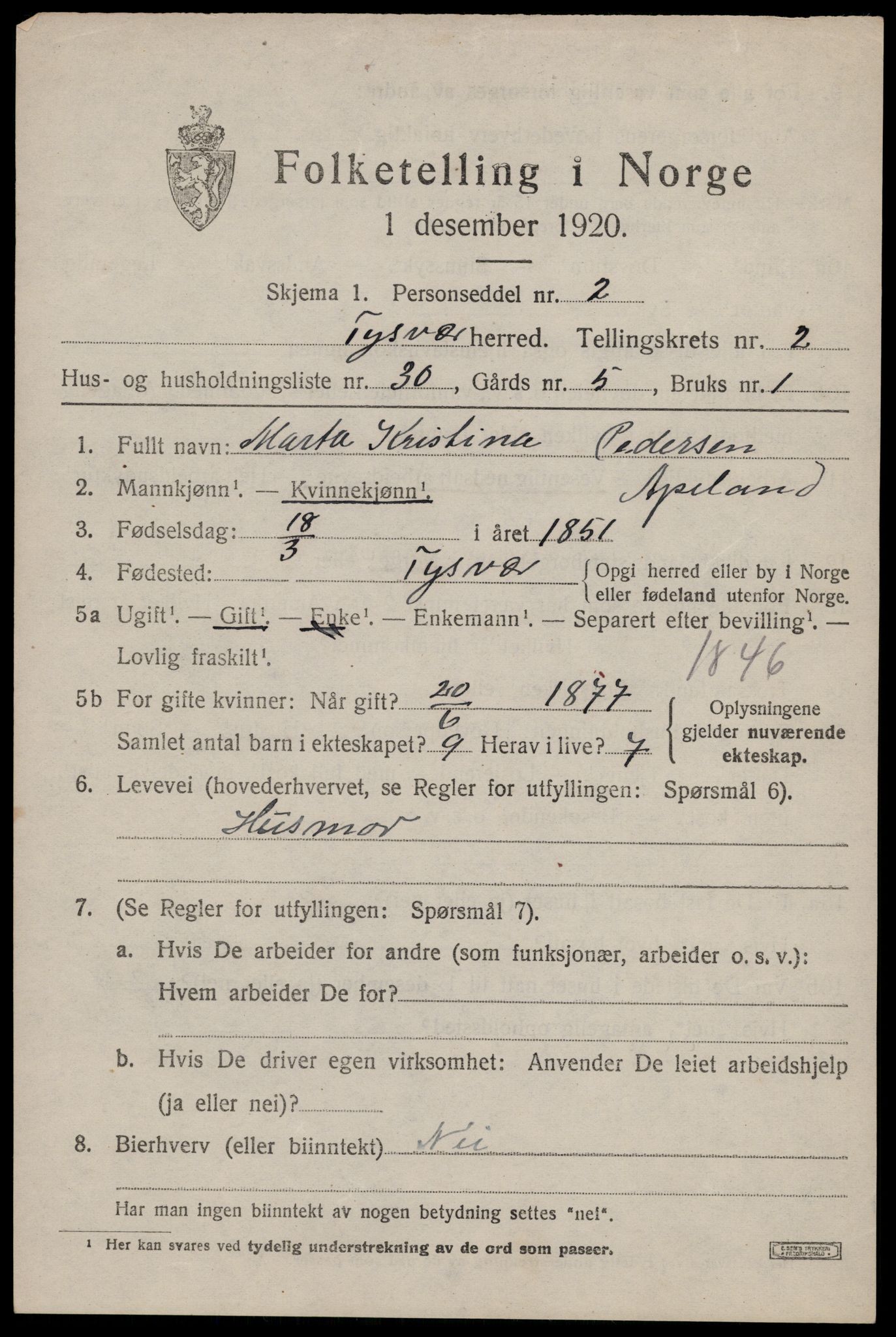 SAST, 1920 census for Tysvær, 1920, p. 1328