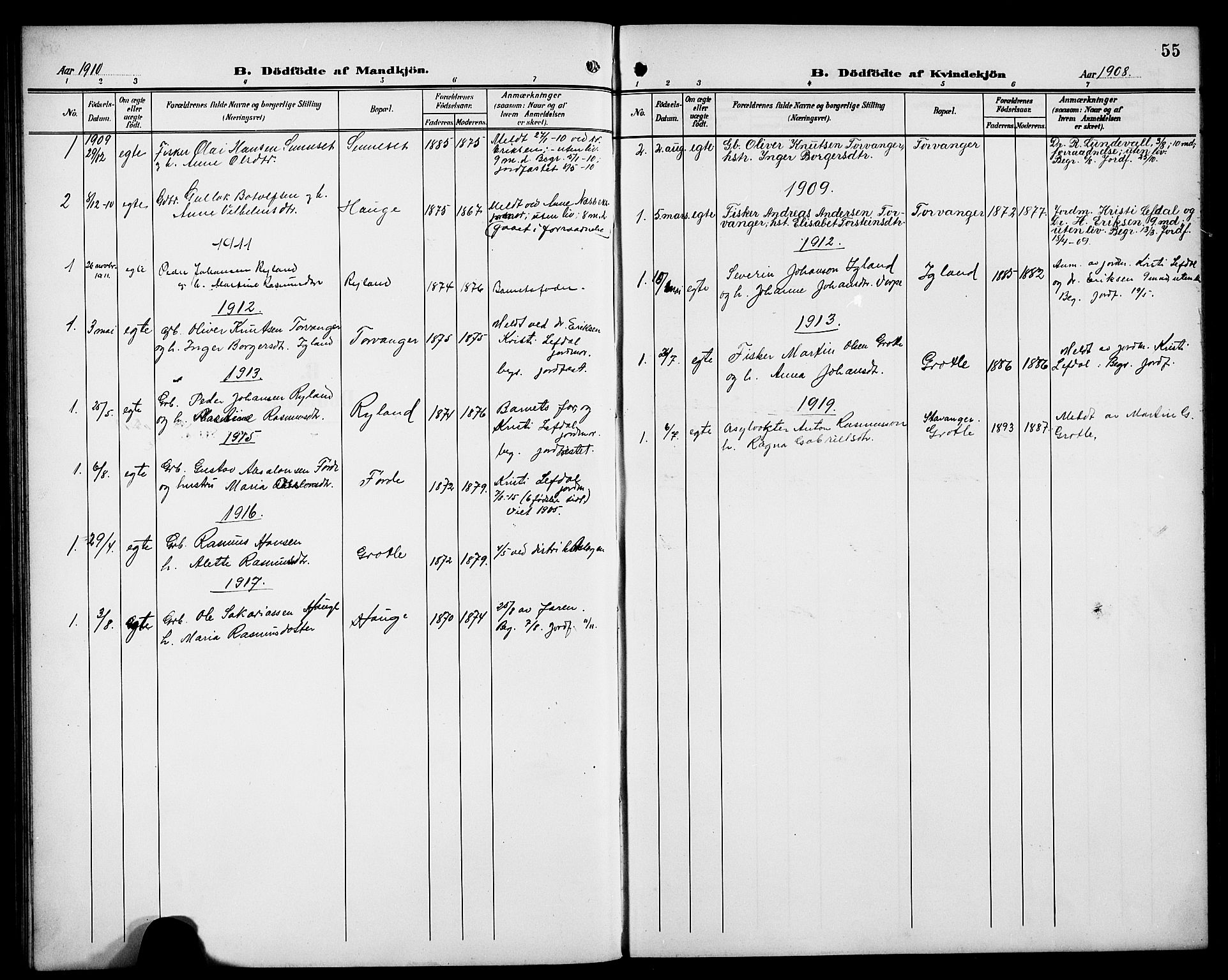 Bremanger sokneprestembete, SAB/A-82201/H/Hab/Habc/L0001: Parish register (copy) no. C 1, 1908-1919, p. 55
