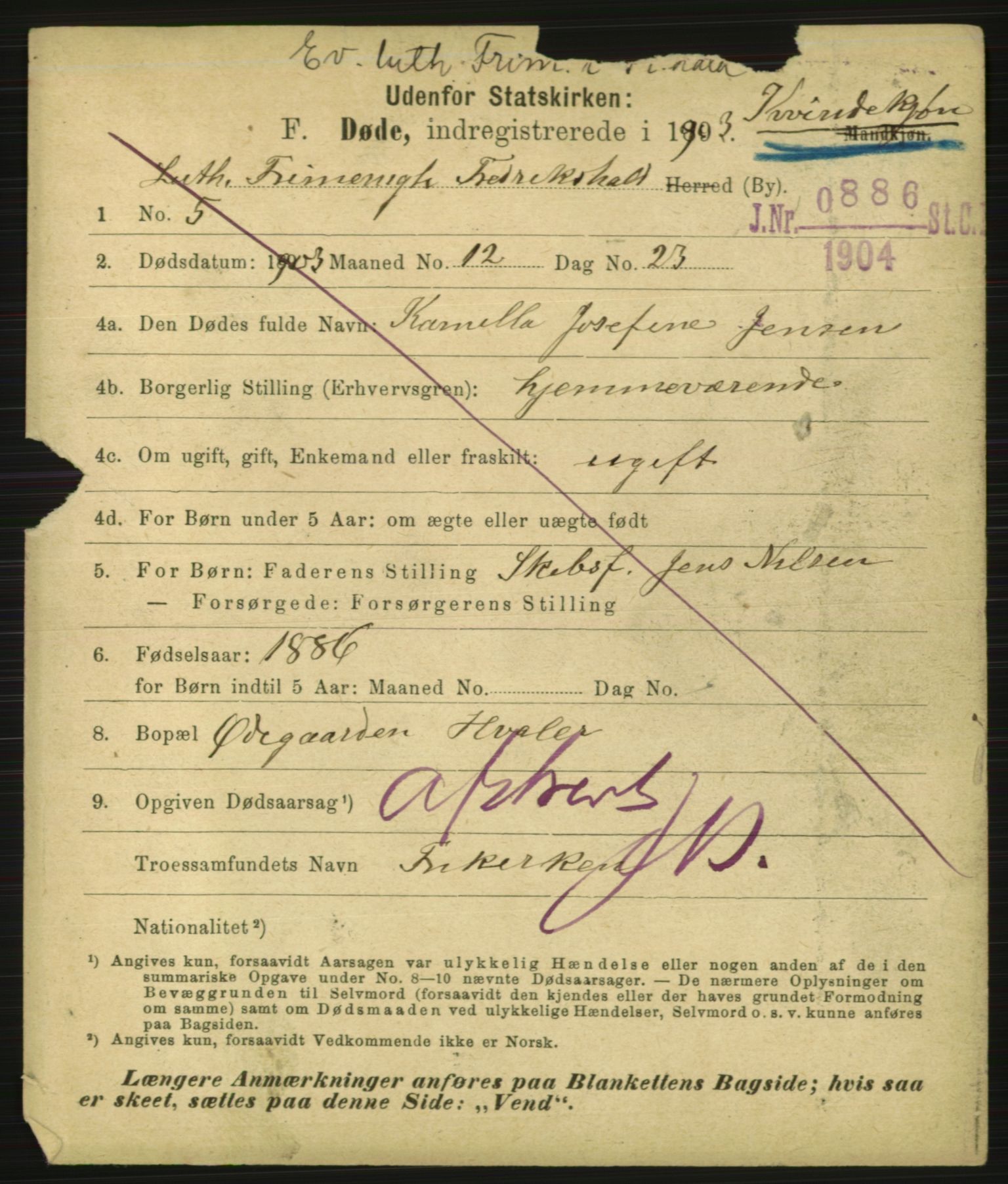 Statistisk sentralbyrå, Sosiodemografiske emner, Befolkning, AV/RA-S-2228/E/L0001: Fødte, gifte, døde dissentere., 1903, p. 3189