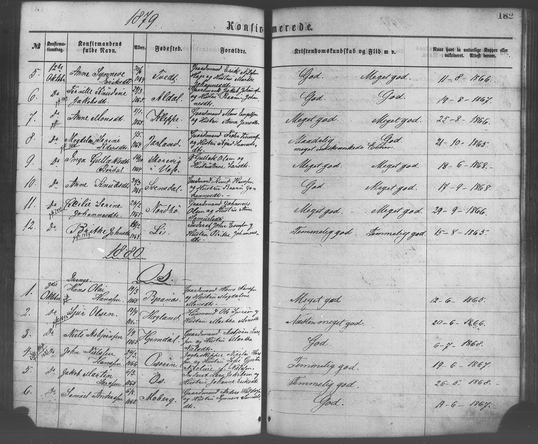 Os sokneprestembete, SAB/A-99929: Parish register (official) no. A 18, 1874-1884, p. 182