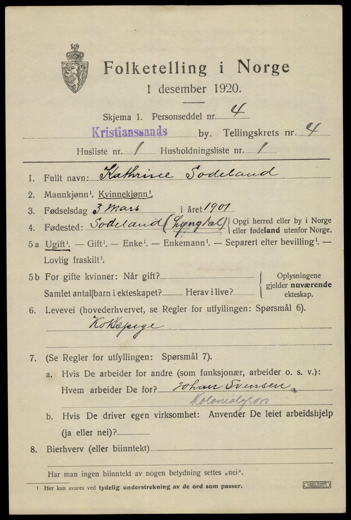 SAK, 1920 census for Kristiansand, 1920, p. 15331