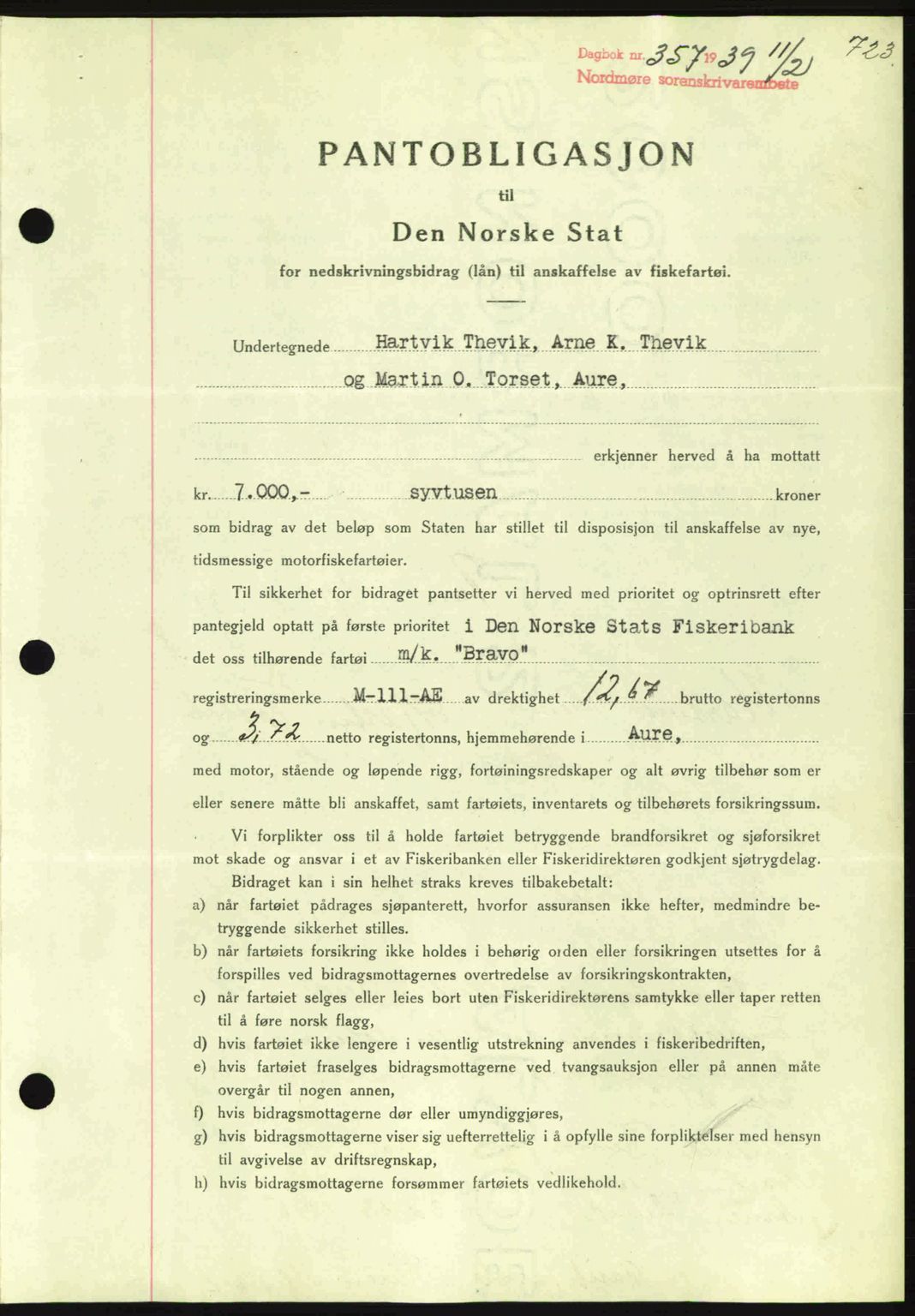 Nordmøre sorenskriveri, SAT/A-4132/1/2/2Ca: Mortgage book no. B84, 1938-1939, Diary no: : 357/1939