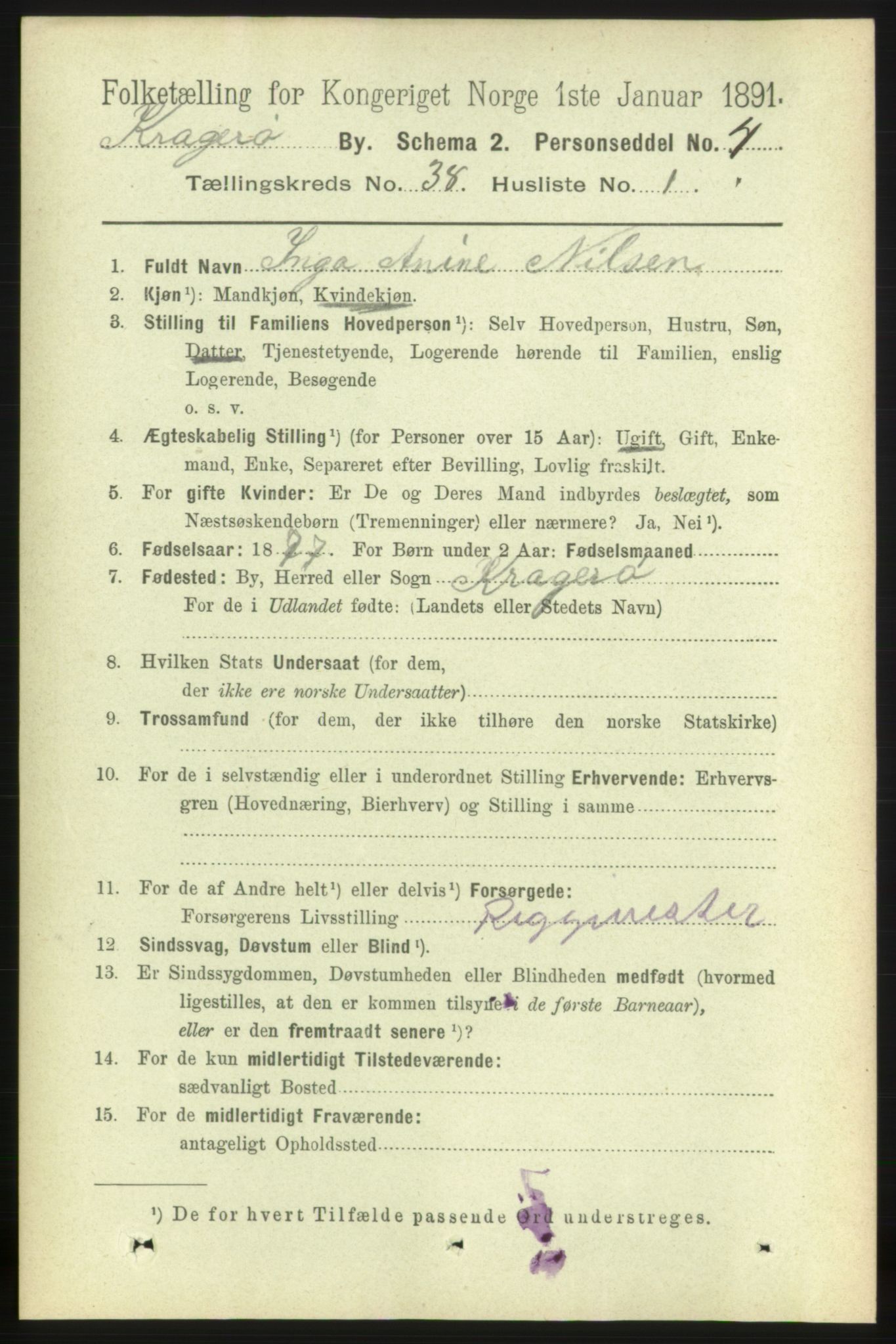 RA, 1891 census for 0801 Kragerø, 1891, p. 7127