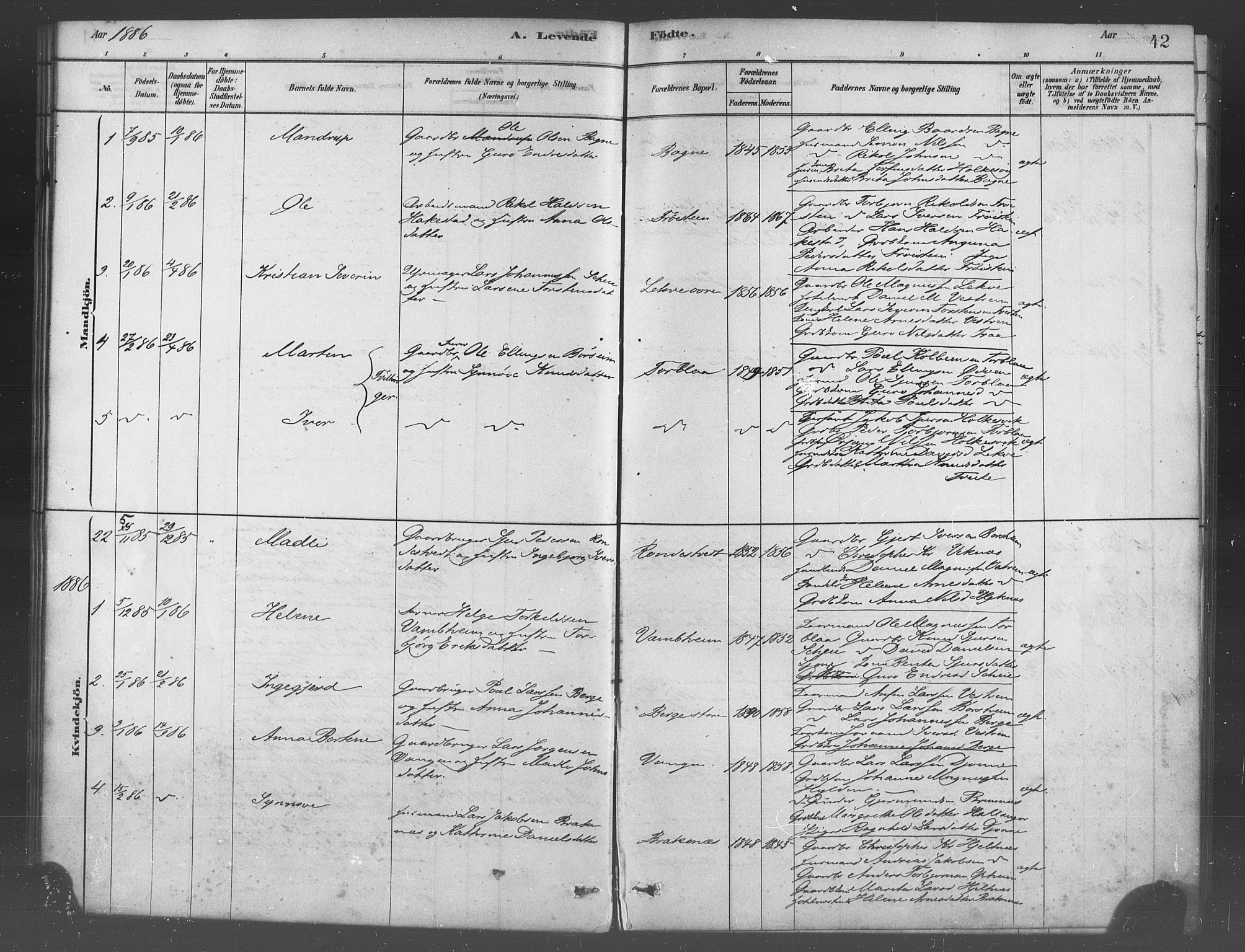 Ulvik sokneprestembete, SAB/A-78801/H/Haa: Parish register (official) no. B 1, 1878-1897, p. 42