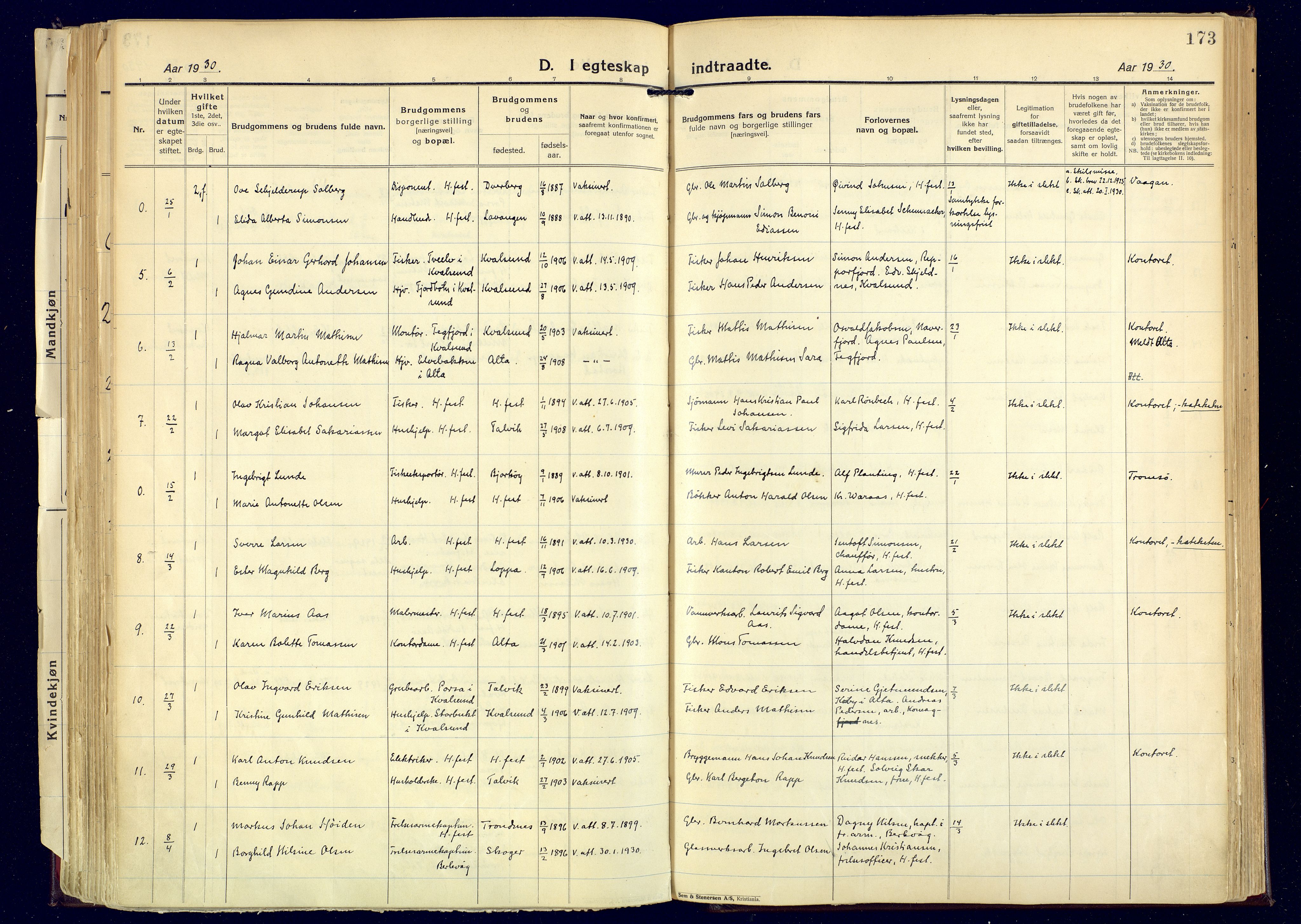 Hammerfest sokneprestkontor, AV/SATØ-S-1347/H/Ha/L0017.kirke: Parish register (official) no. 17, 1923-1933, p. 173