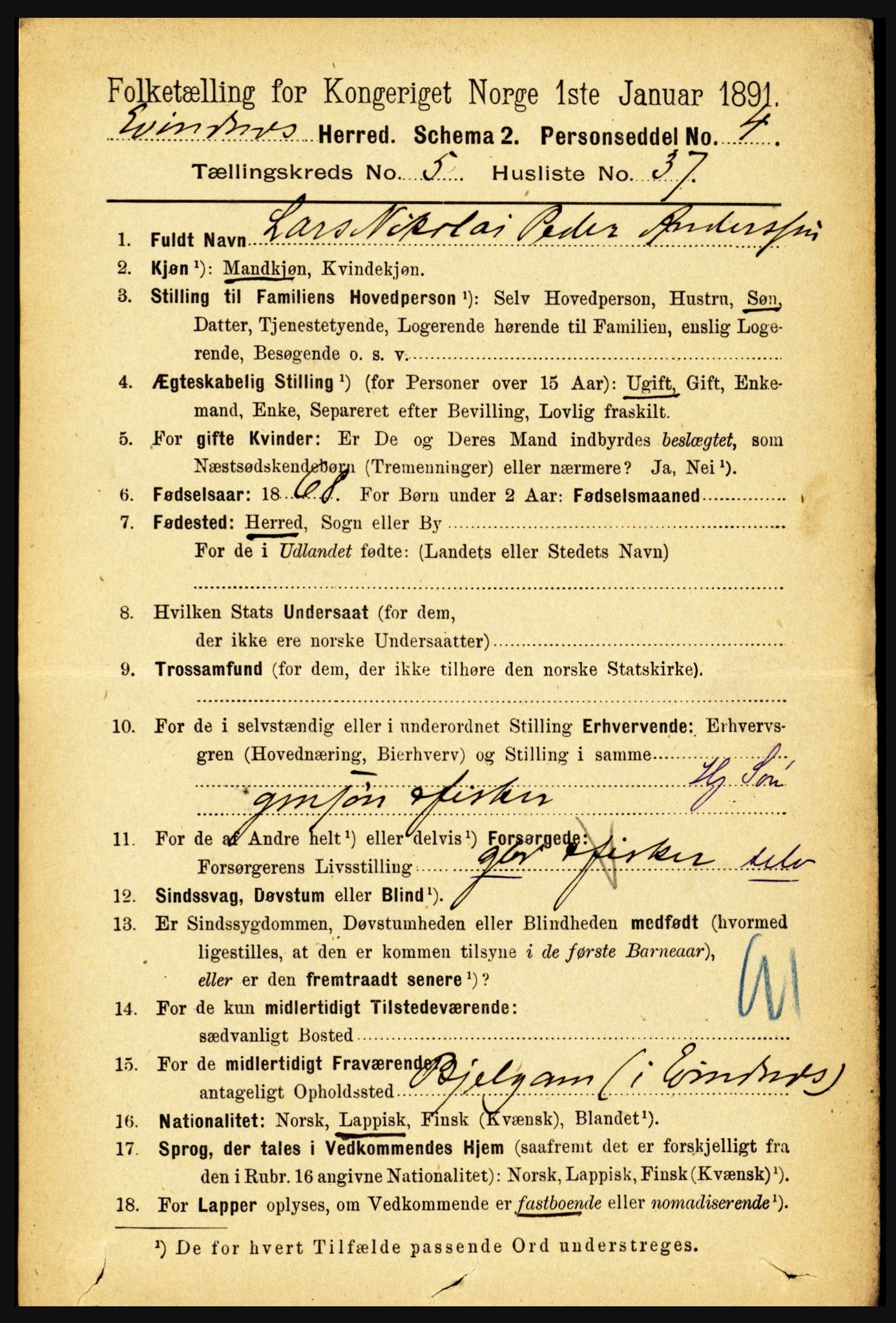 RA, 1891 census for 1853 Evenes, 1891, p. 1877