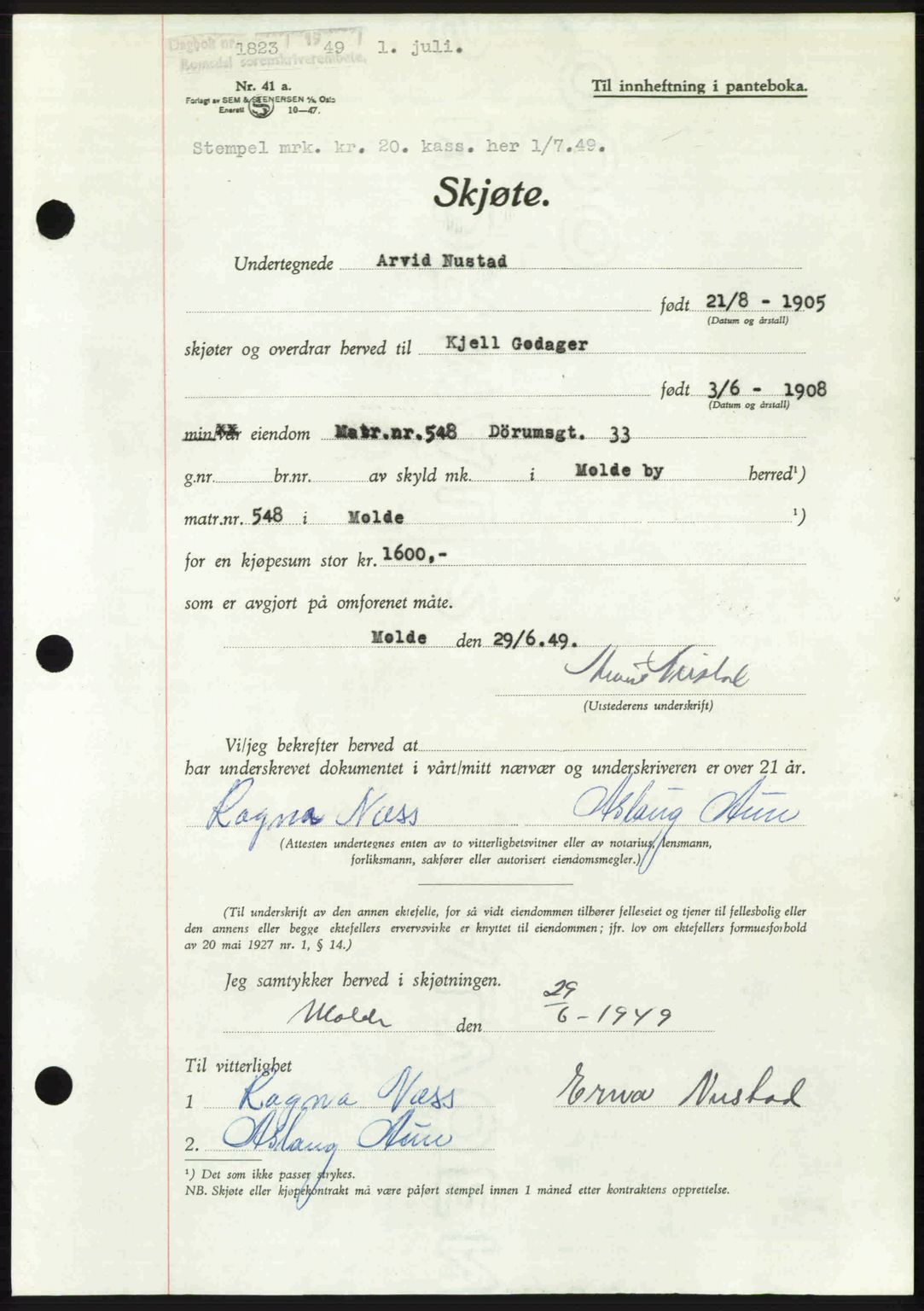 Romsdal sorenskriveri, AV/SAT-A-4149/1/2/2C: Mortgage book no. A30, 1949-1949, Diary no: : 1823/1949