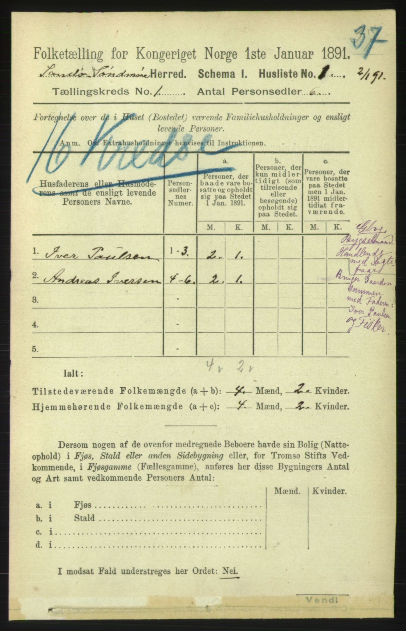 RA, 1891 census for 1514 Sande, 1891, p. 37