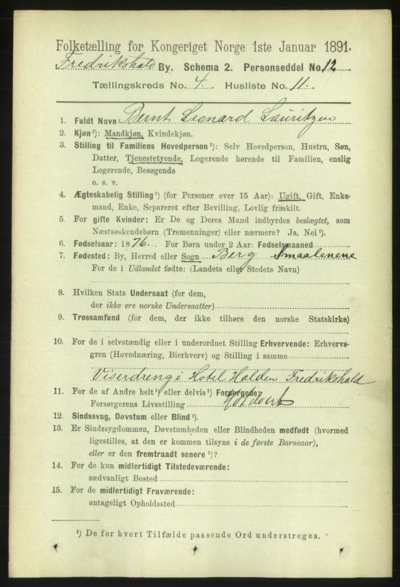 RA, 1891 census for 0101 Fredrikshald, 1891, p. 3839