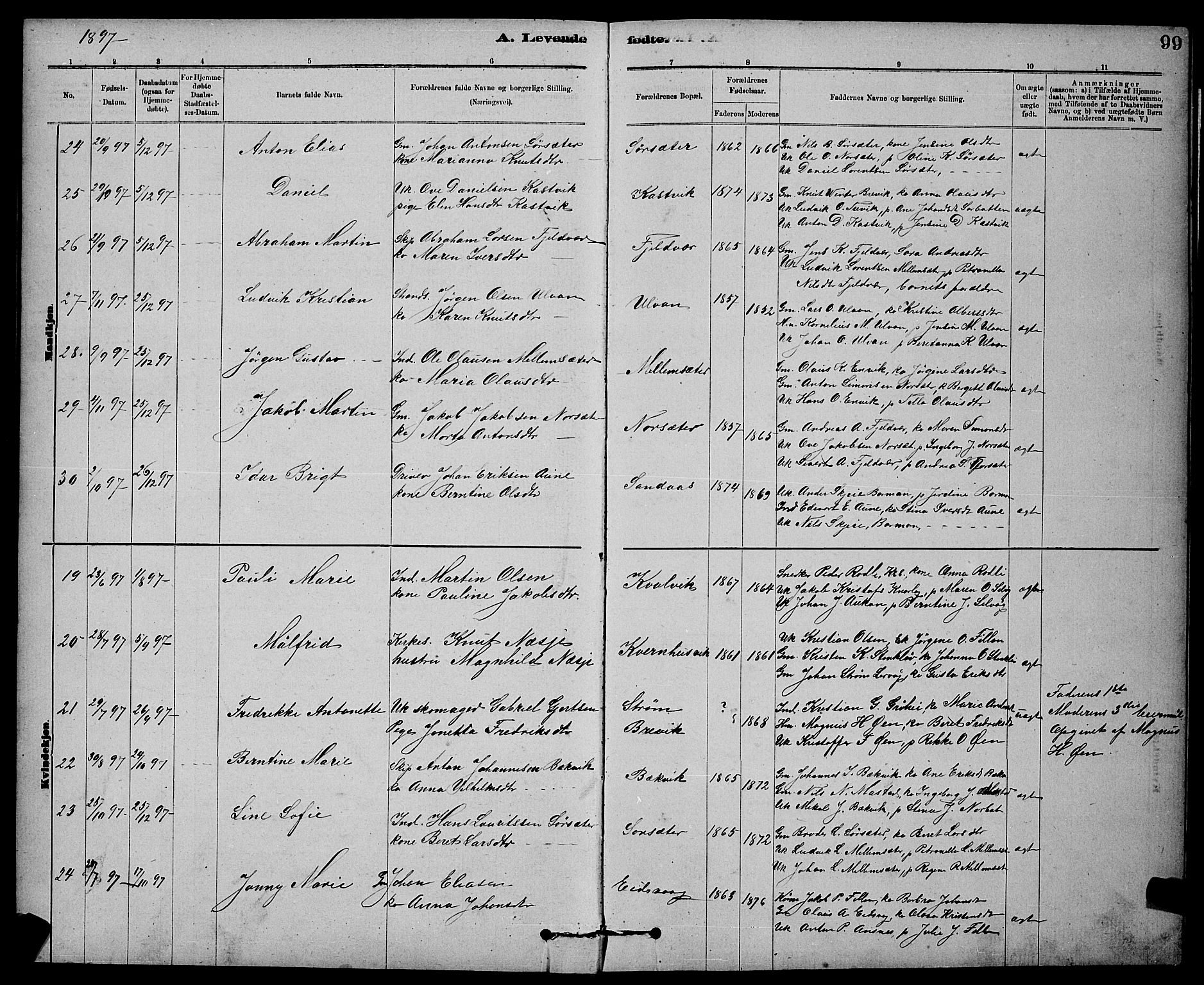 Ministerialprotokoller, klokkerbøker og fødselsregistre - Sør-Trøndelag, SAT/A-1456/637/L0562: Parish register (copy) no. 637C03, 1883-1898, p. 99