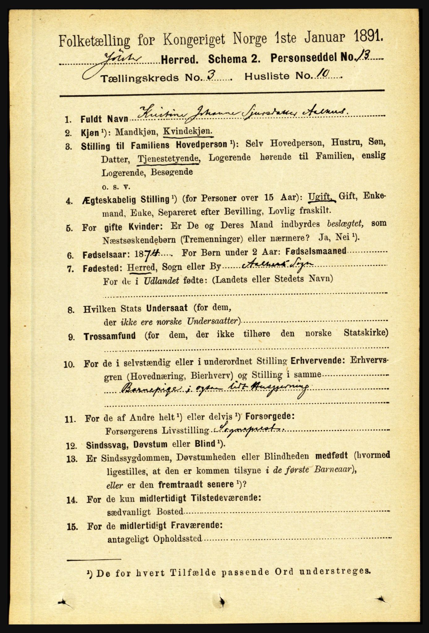 RA, 1891 census for 1431 Jølster, 1891, p. 1043