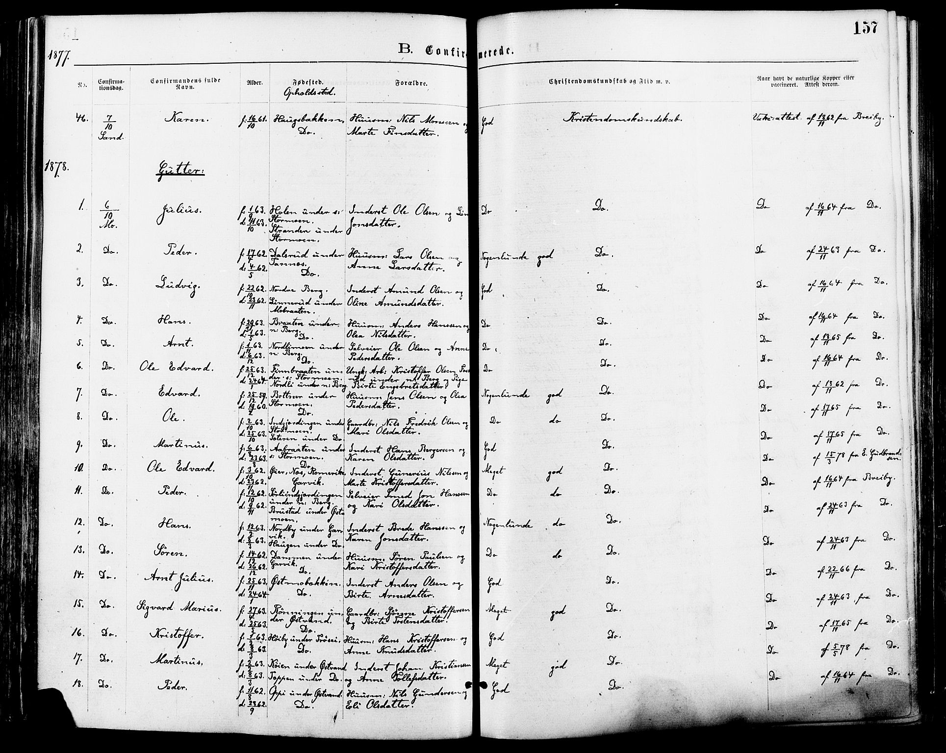 Nord-Odal prestekontor, AV/SAH-PREST-032/H/Ha/Haa/L0005: Parish register (official) no. 5, 1874-1885, p. 157