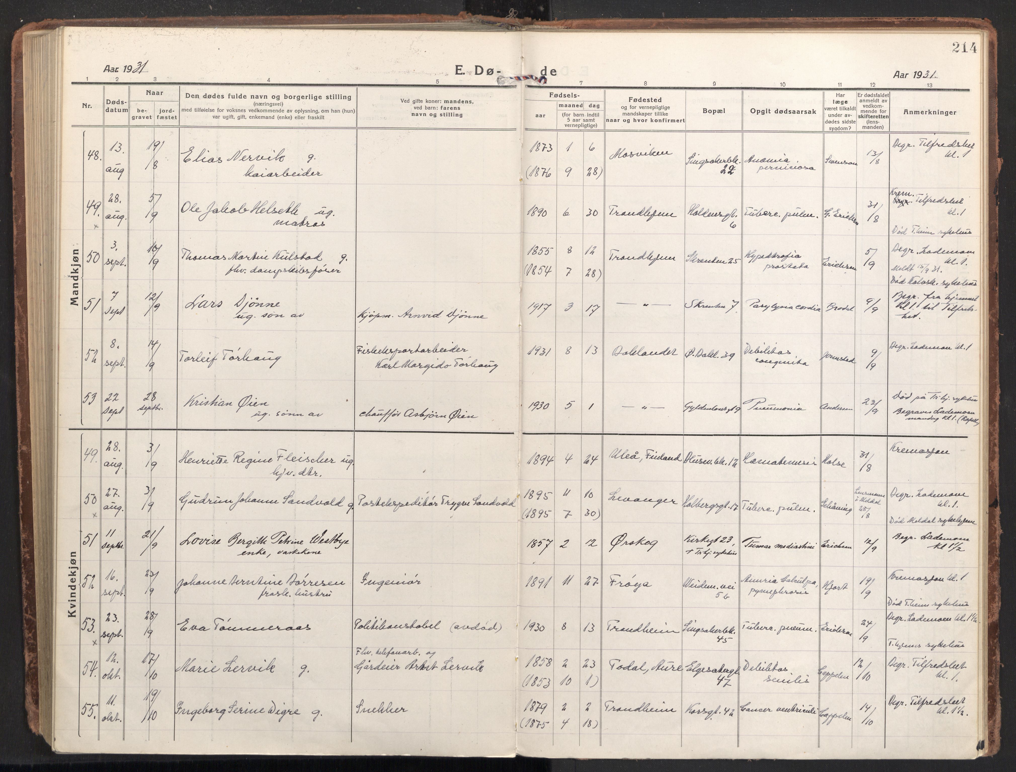 Ministerialprotokoller, klokkerbøker og fødselsregistre - Sør-Trøndelag, AV/SAT-A-1456/604/L0207: Parish register (official) no. 604A27, 1917-1933, p. 214