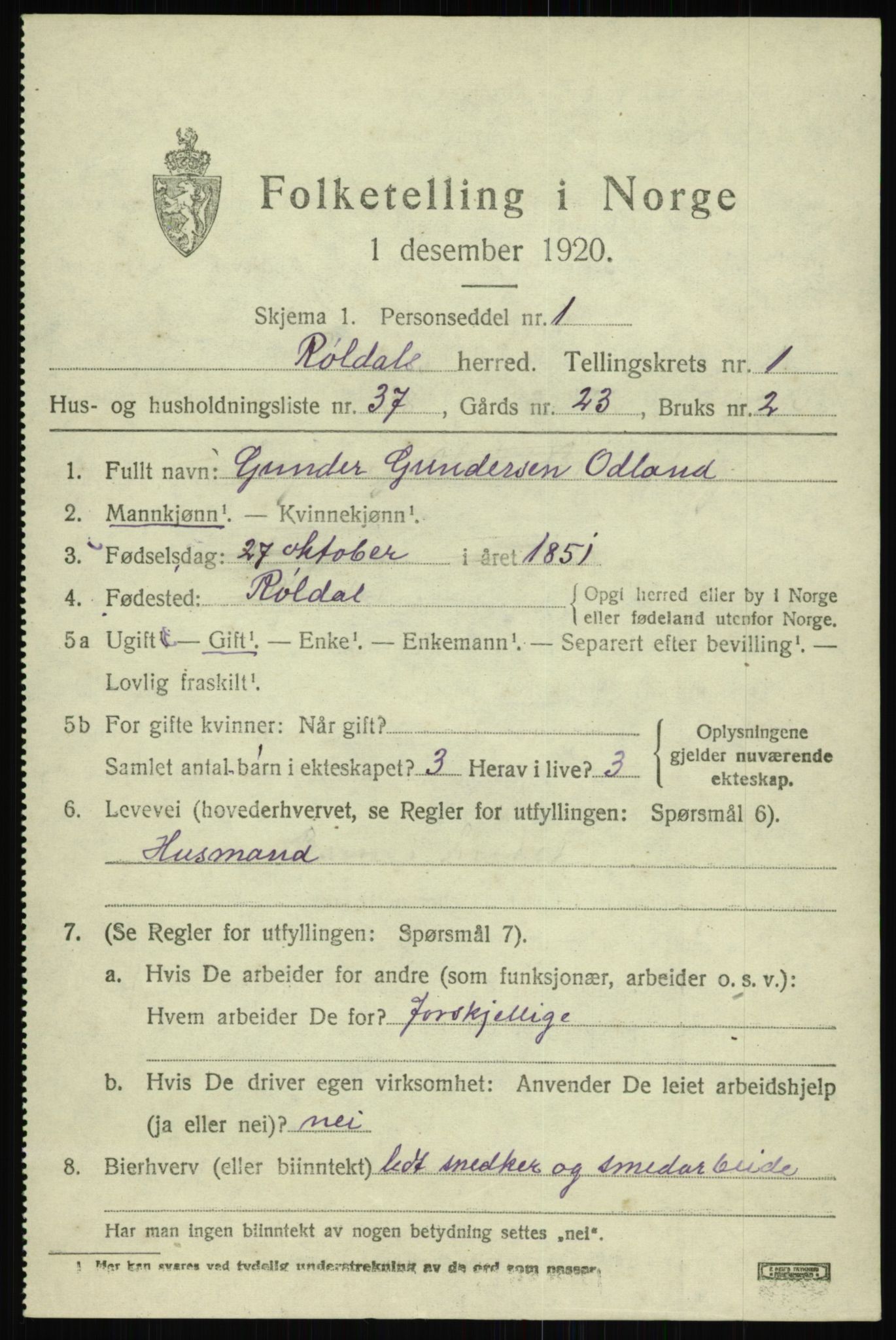 SAB, 1920 census for Røldal, 1920, p. 719