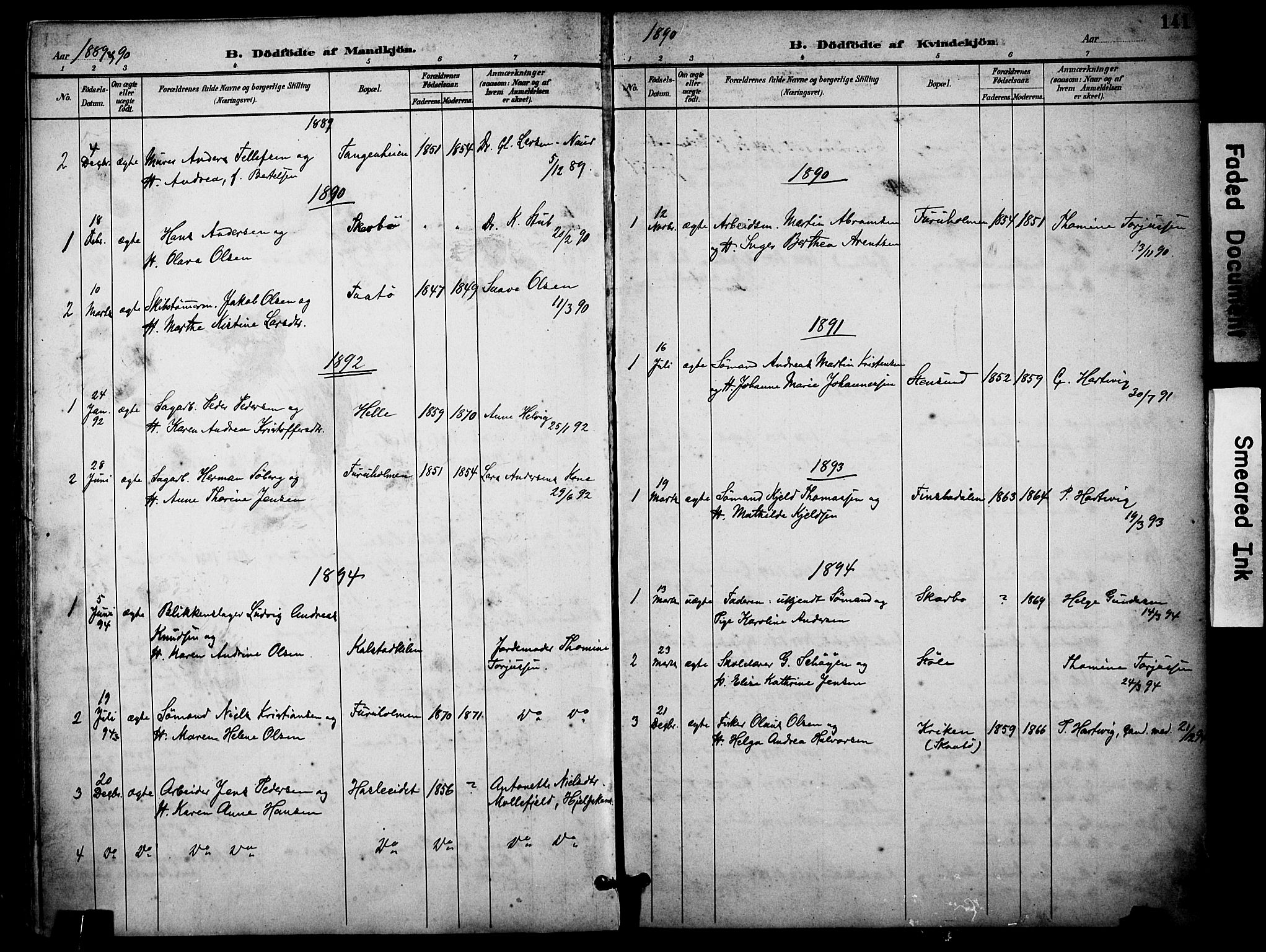 Skåtøy kirkebøker, SAKO/A-304/F/Fa/L0002: Parish register (official) no. I 2, 1884-1899, p. 141
