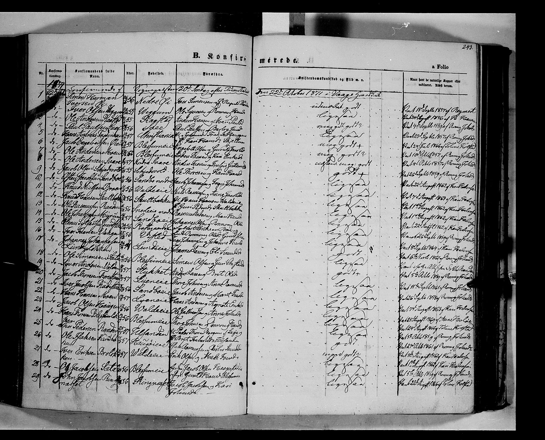 Vågå prestekontor, AV/SAH-PREST-076/H/Ha/Haa/L0006: Parish register (official) no. 6 /1, 1856-1872, p. 243