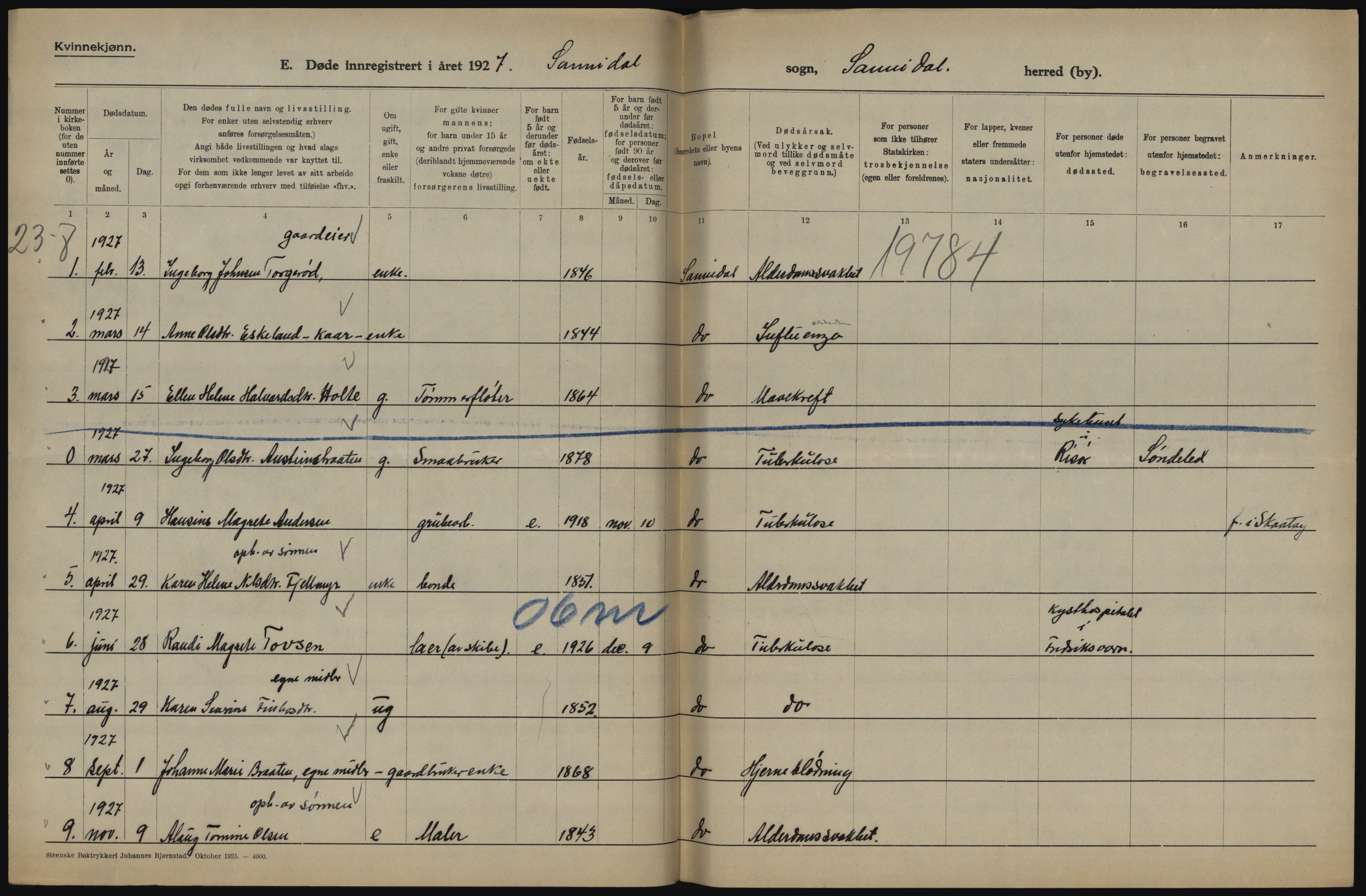 Statistisk sentralbyrå, Sosiodemografiske emner, Befolkning, AV/RA-S-2228/D/Df/Dfc/Dfcg/L0020: Telemark fylke: Gifte, døde. Bygder og byer., 1927, p. 466