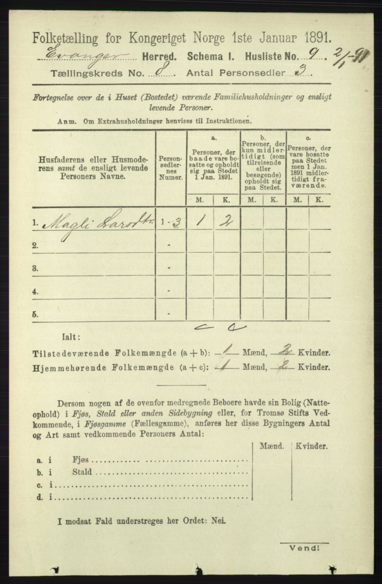 RA, 1891 census for 1237 Evanger, 1891, p. 2255