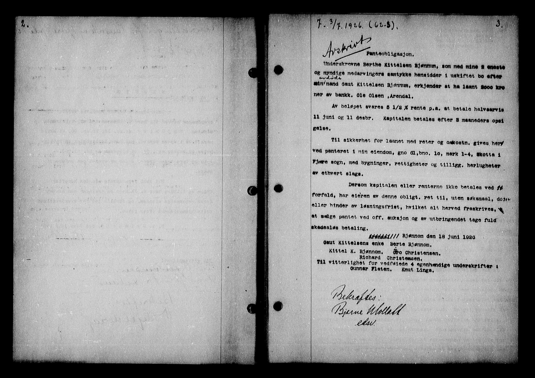 Vestre Nedenes/Sand sorenskriveri, AV/SAK-1221-0010/G/Gb/Gba/L0036: Mortgage book no. 62, 1926-1928, p. 2-3
