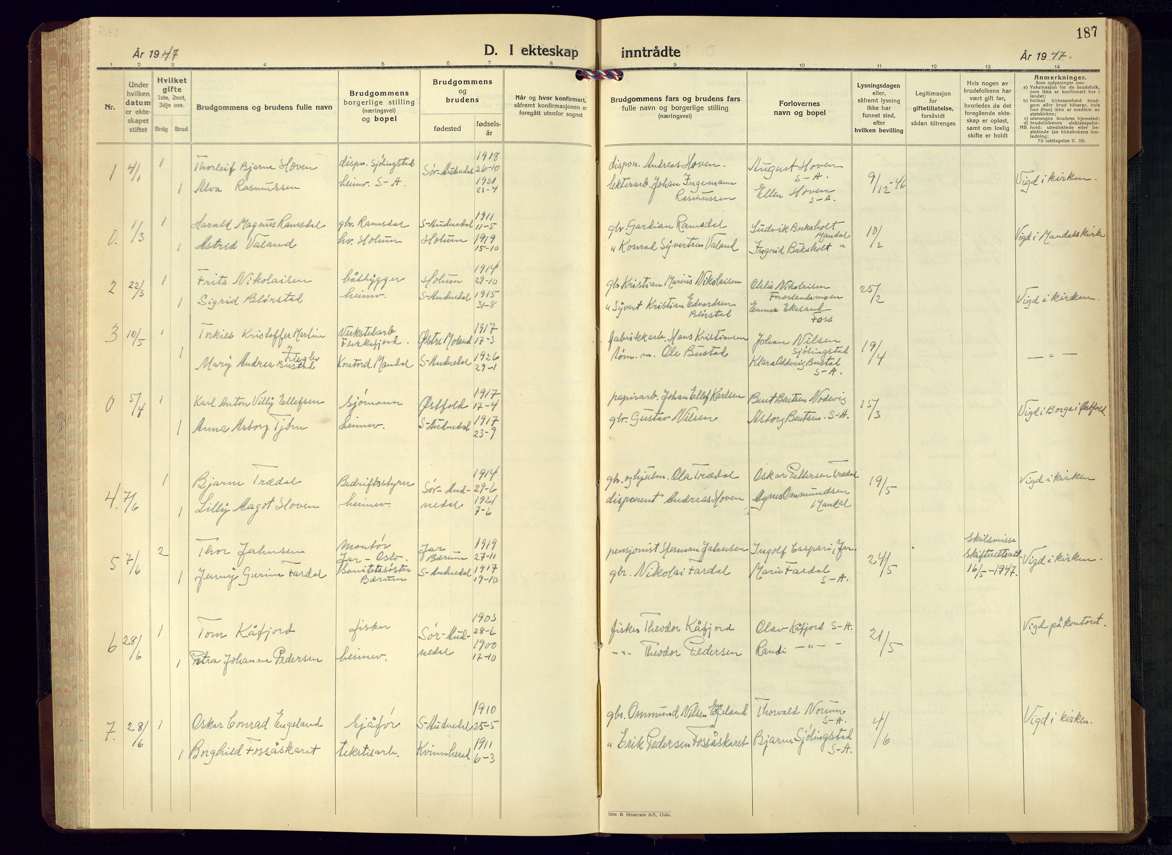 Sør-Audnedal sokneprestkontor, AV/SAK-1111-0039/F/Fb/Fbb/L0007: Parish register (copy) no. B-7, 1939-1965, p. 187