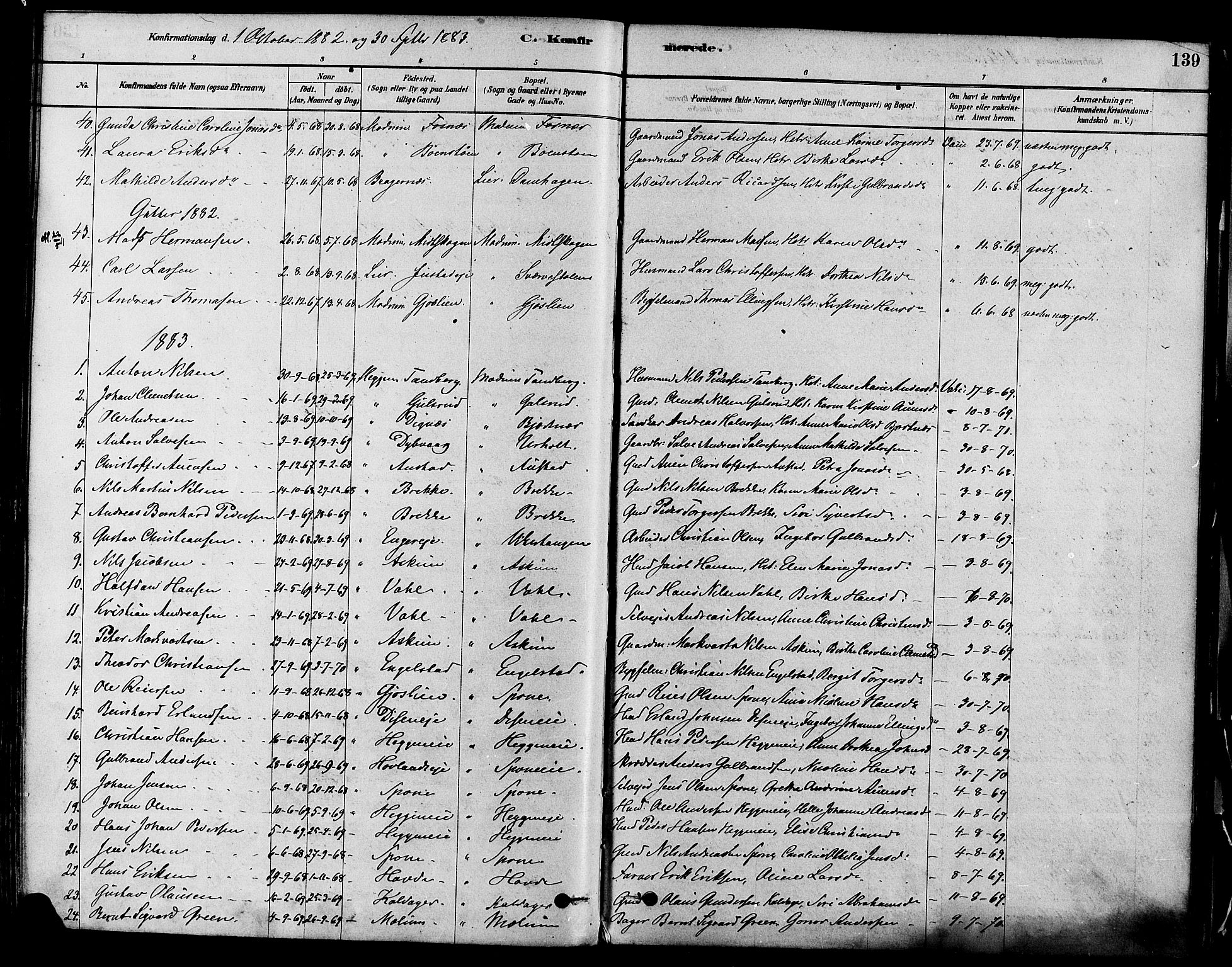 Modum kirkebøker, SAKO/A-234/F/Fa/L0011: Parish register (official) no. 11, 1877-1889, p. 139