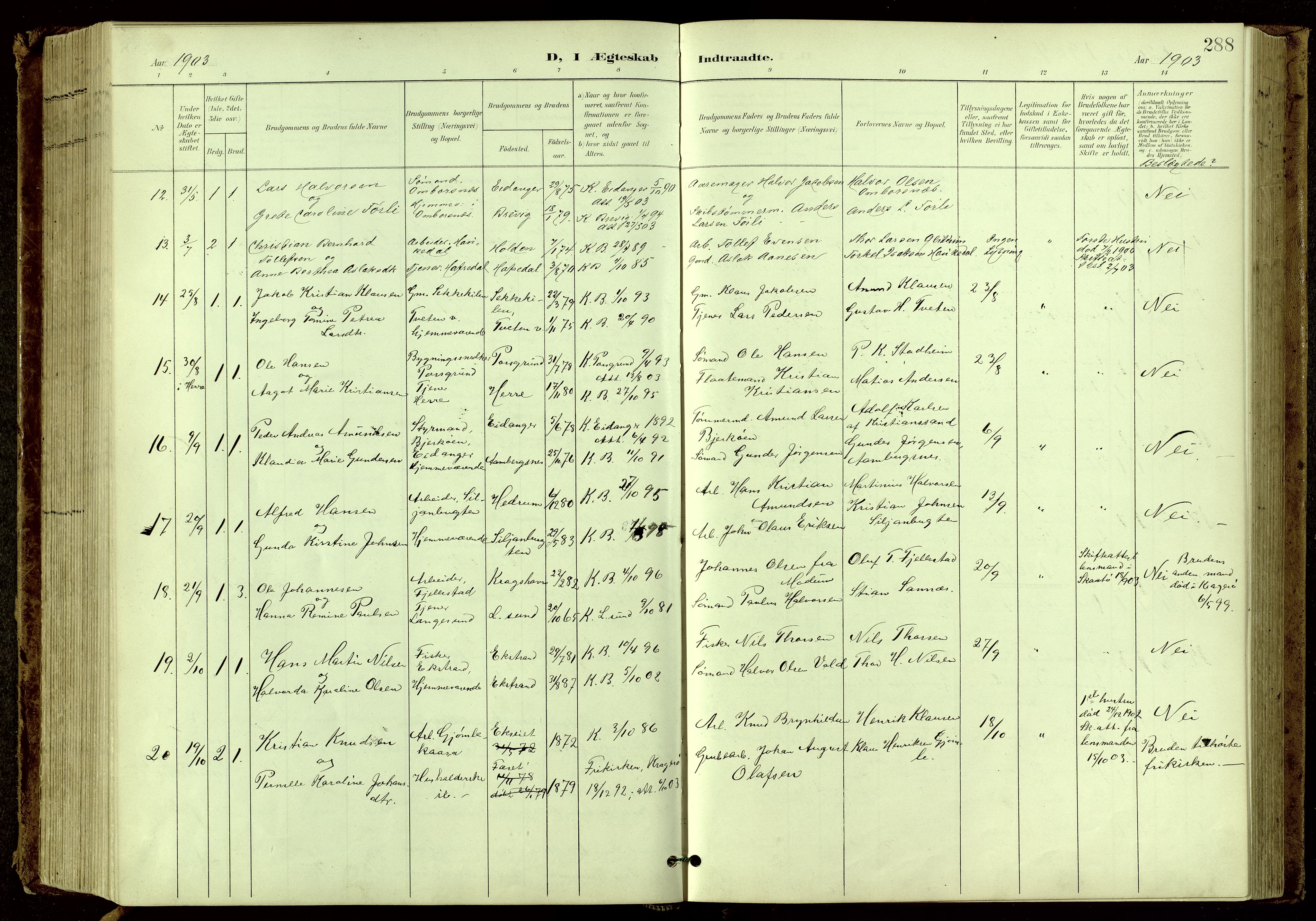 Bamble kirkebøker, AV/SAKO-A-253/G/Ga/L0010: Parish register (copy) no. I 10, 1901-1919, p. 288