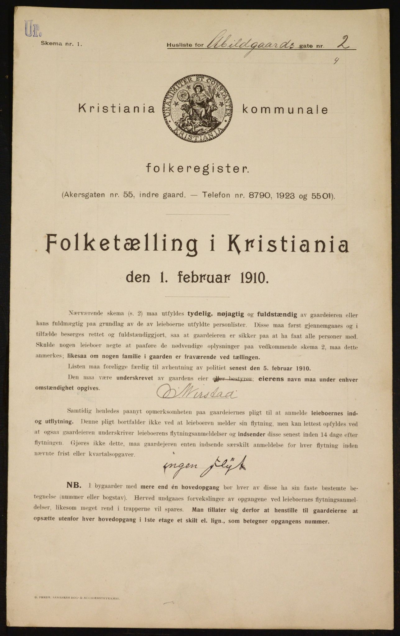 OBA, Municipal Census 1910 for Kristiania, 1910, p. 2