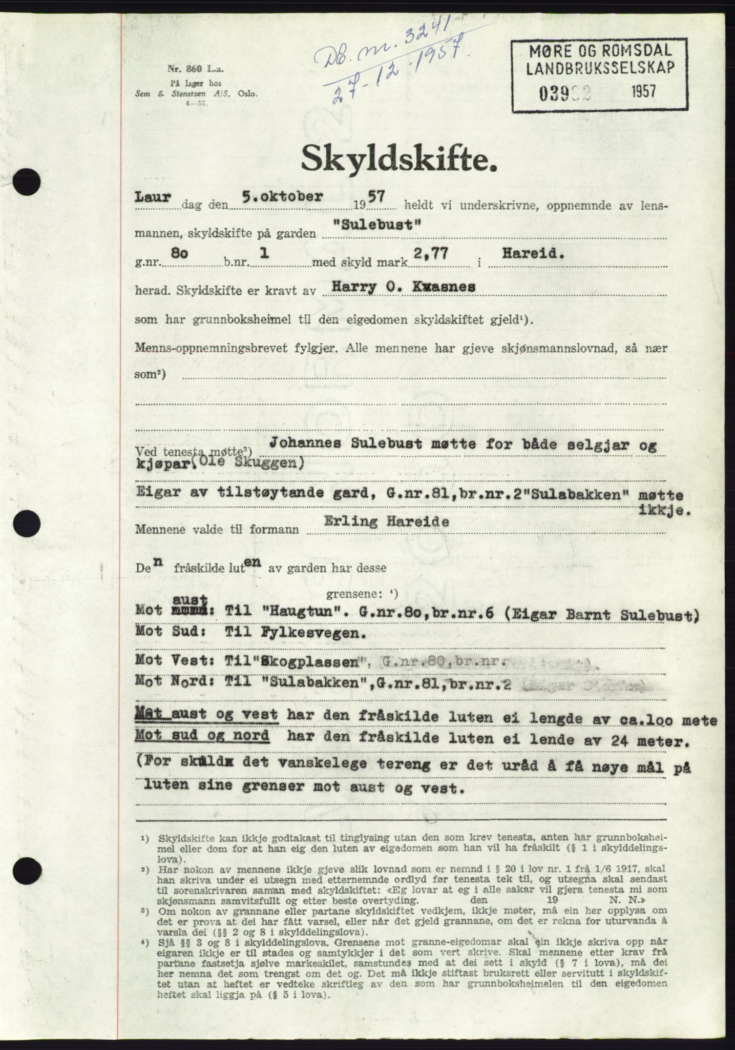 Søre Sunnmøre sorenskriveri, AV/SAT-A-4122/1/2/2C/L0108: Mortgage book no. 34A, 1957-1958, Diary no: : 3241/1957