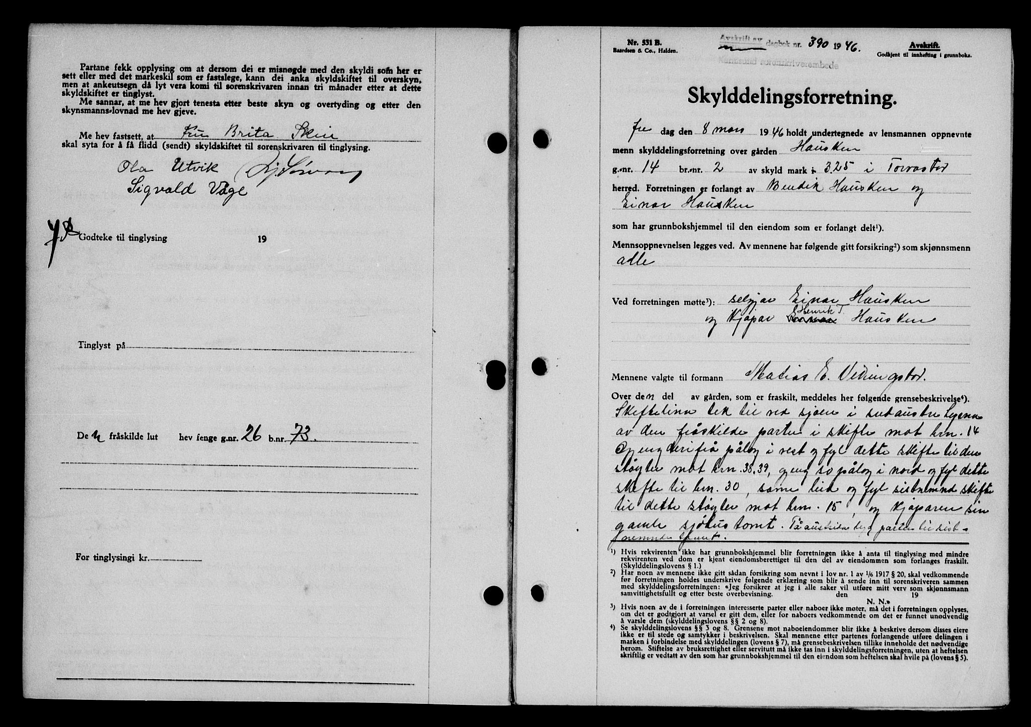 Karmsund sorenskriveri, AV/SAST-A-100311/01/II/IIB/L0085: Mortgage book no. 66A, 1946-1946, Diary no: : 390/1946