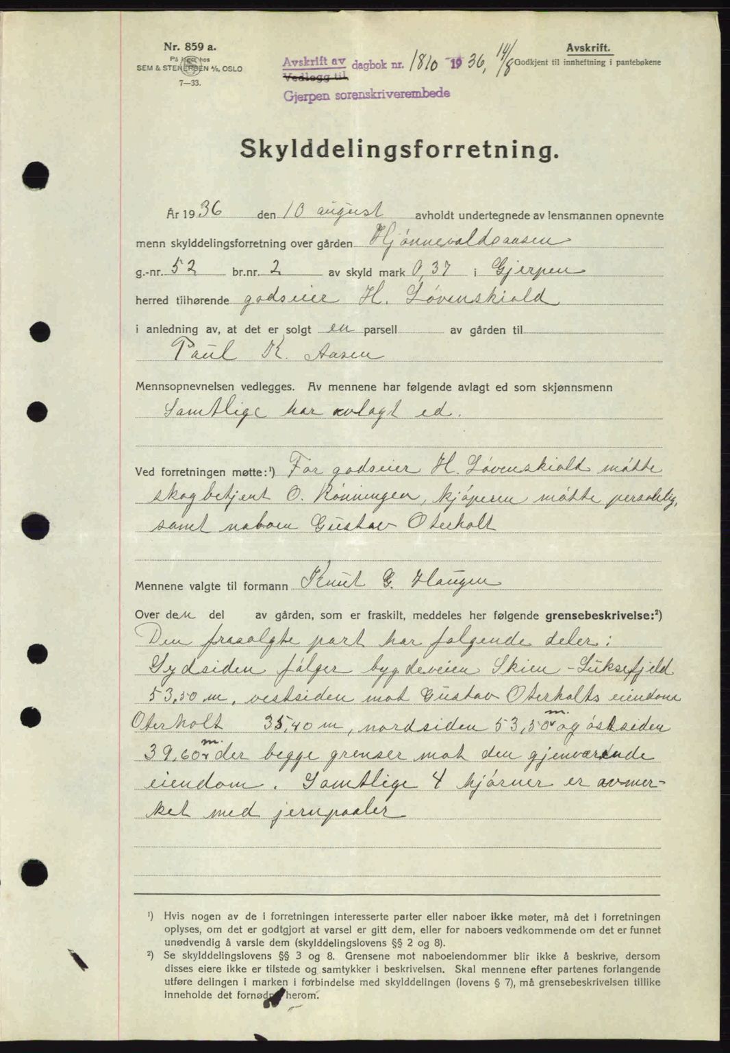 Gjerpen sorenskriveri, SAKO/A-216/G/Ga/Gae/L0067: Mortgage book no. A-66 - A-68, 1936-1937, Diary no: : 1810/1936