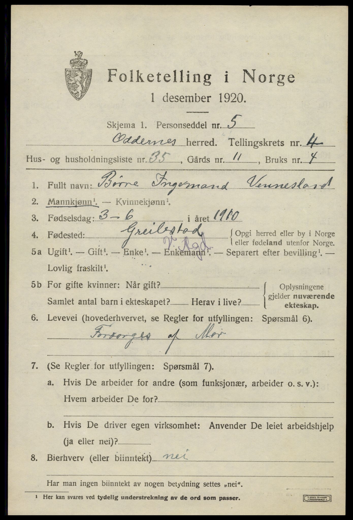 SAK, 1920 census for Oddernes, 1920, p. 4377