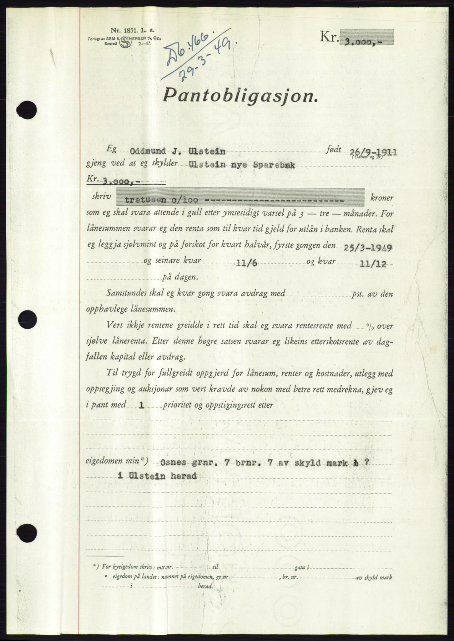 Søre Sunnmøre sorenskriveri, AV/SAT-A-4122/1/2/2C/L0116: Mortgage book no. 4B, 1948-1949, Diary no: : 466/1949