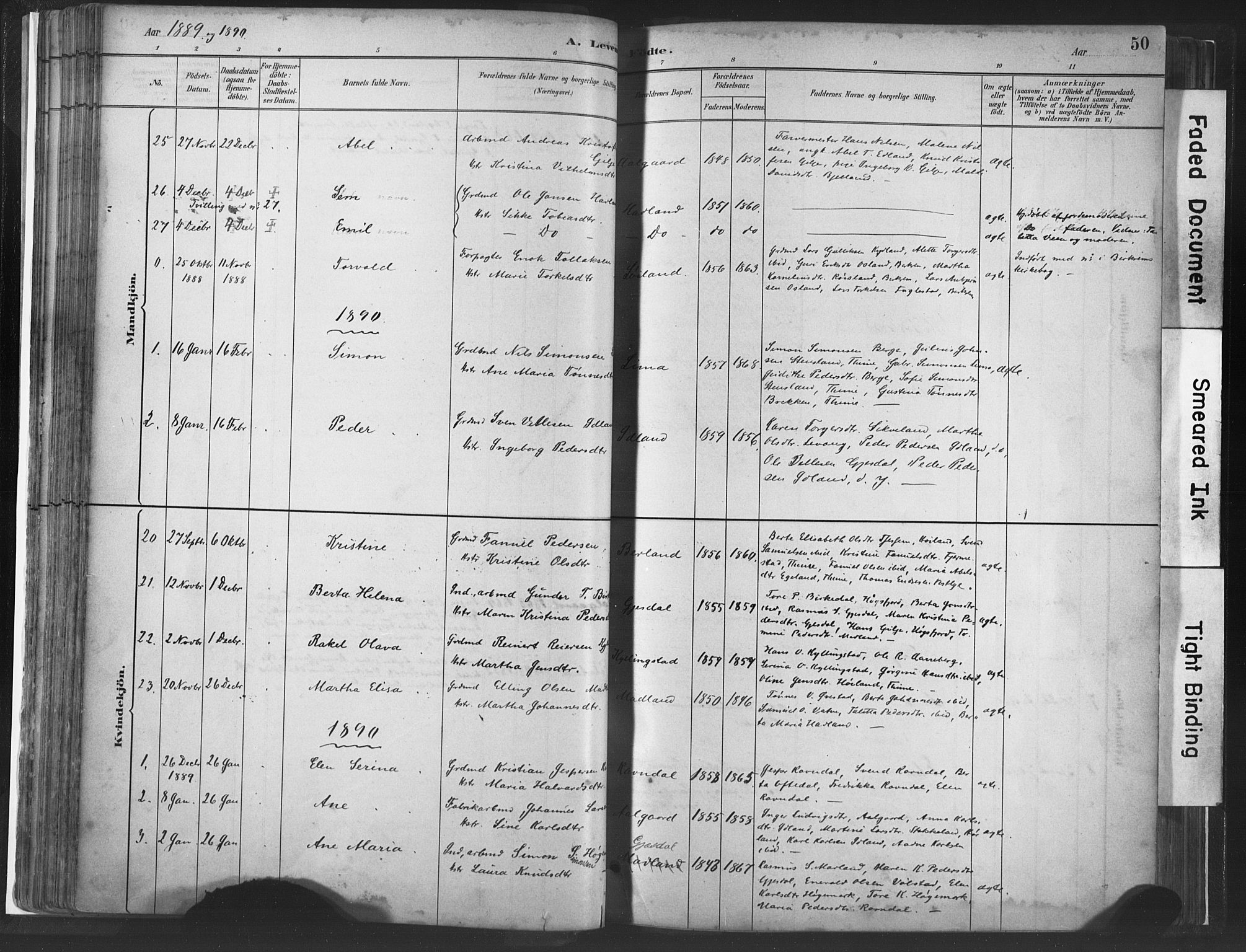 Lye sokneprestkontor, SAST/A-101794/001/30BA/L0010: Parish register (official) no. A 10, 1881-1896, p. 50