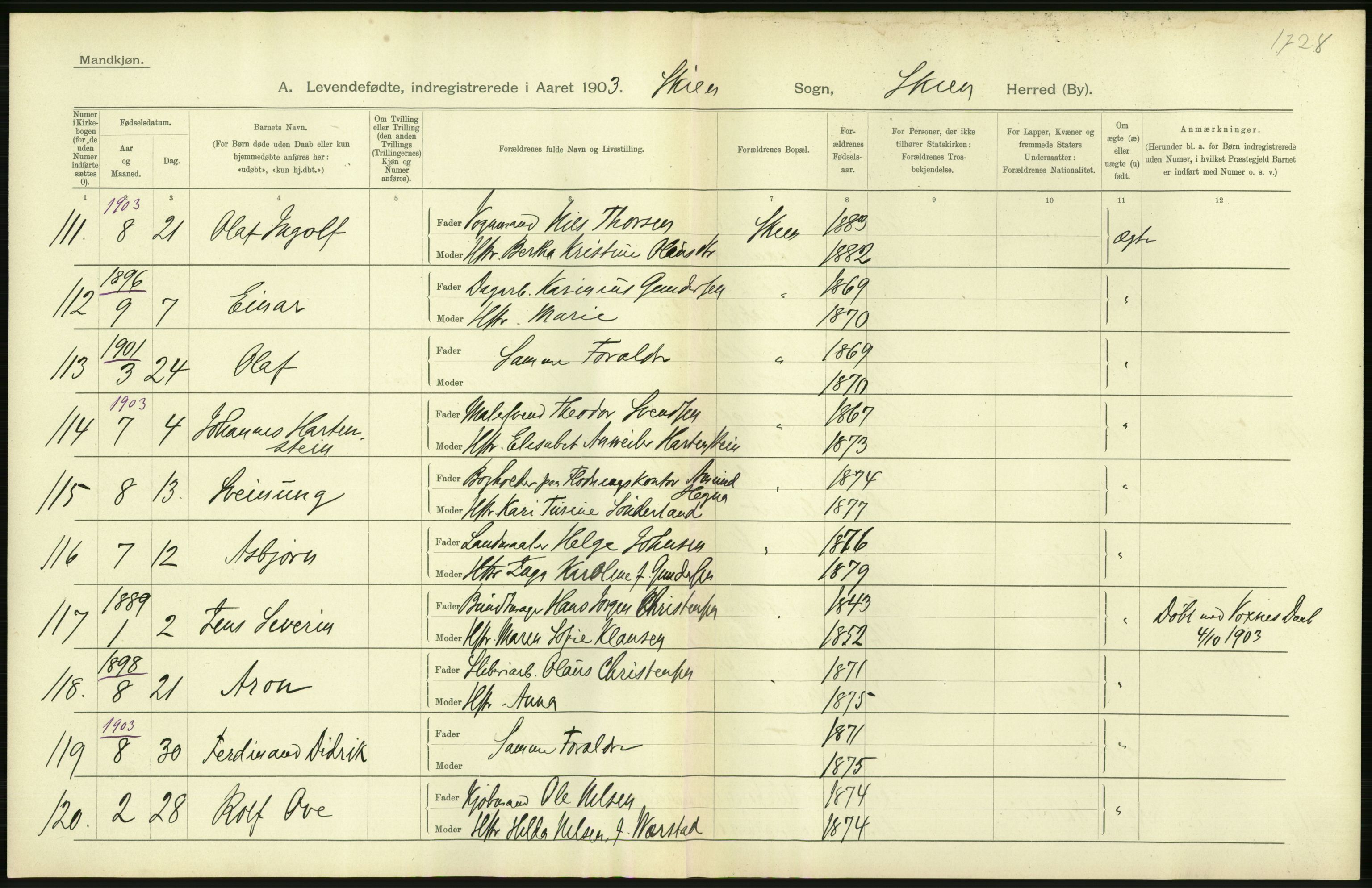 Statistisk sentralbyrå, Sosiodemografiske emner, Befolkning, AV/RA-S-2228/D/Df/Dfa/Dfaa/L0009: Bratsberg amt: Fødte, gifte, døde, 1903, p. 290