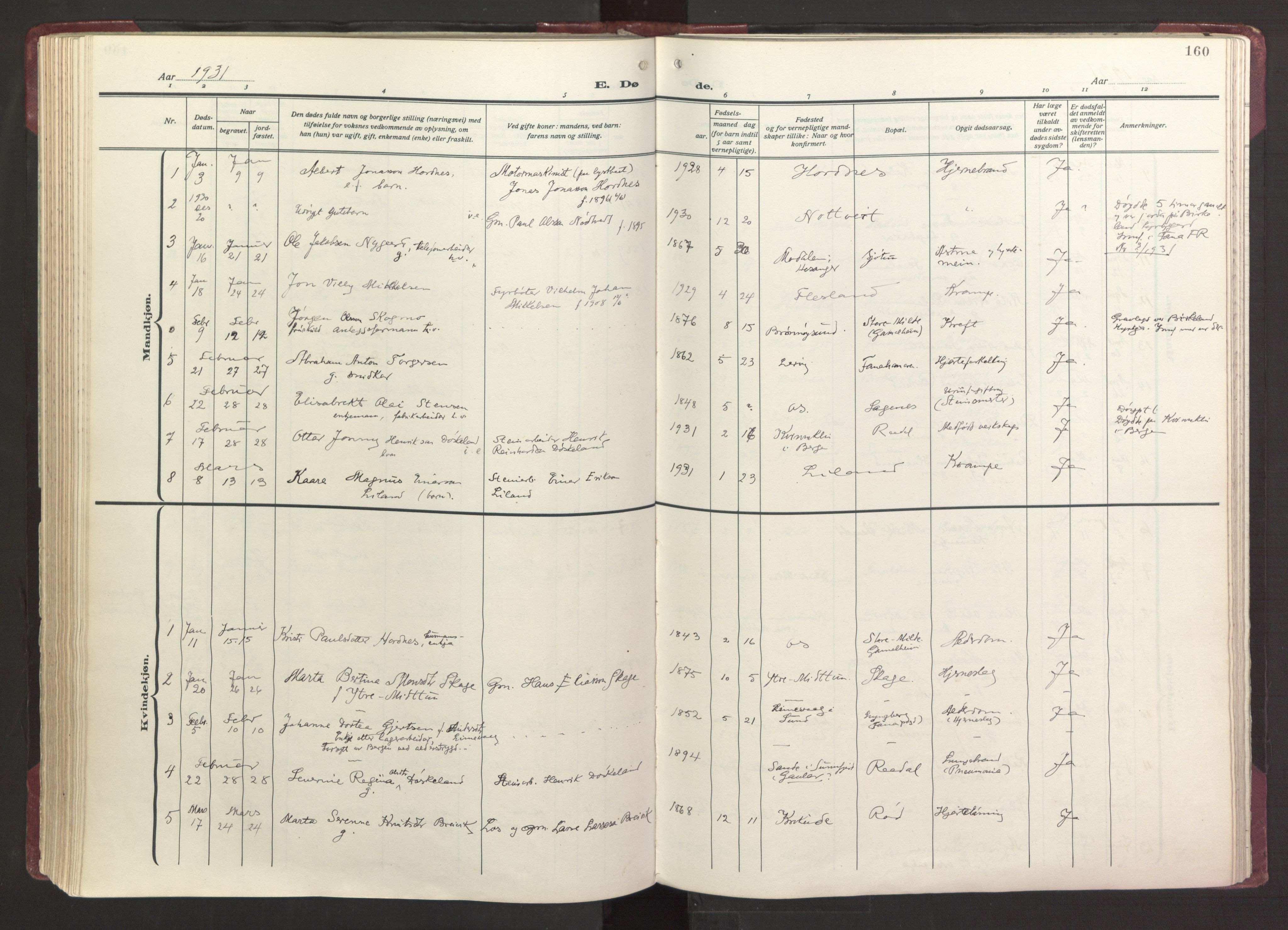 Fana Sokneprestembete, AV/SAB-A-75101/H/Haa/Haab/L0006: Parish register (official) no. B 6, 1923-1967, p. 160