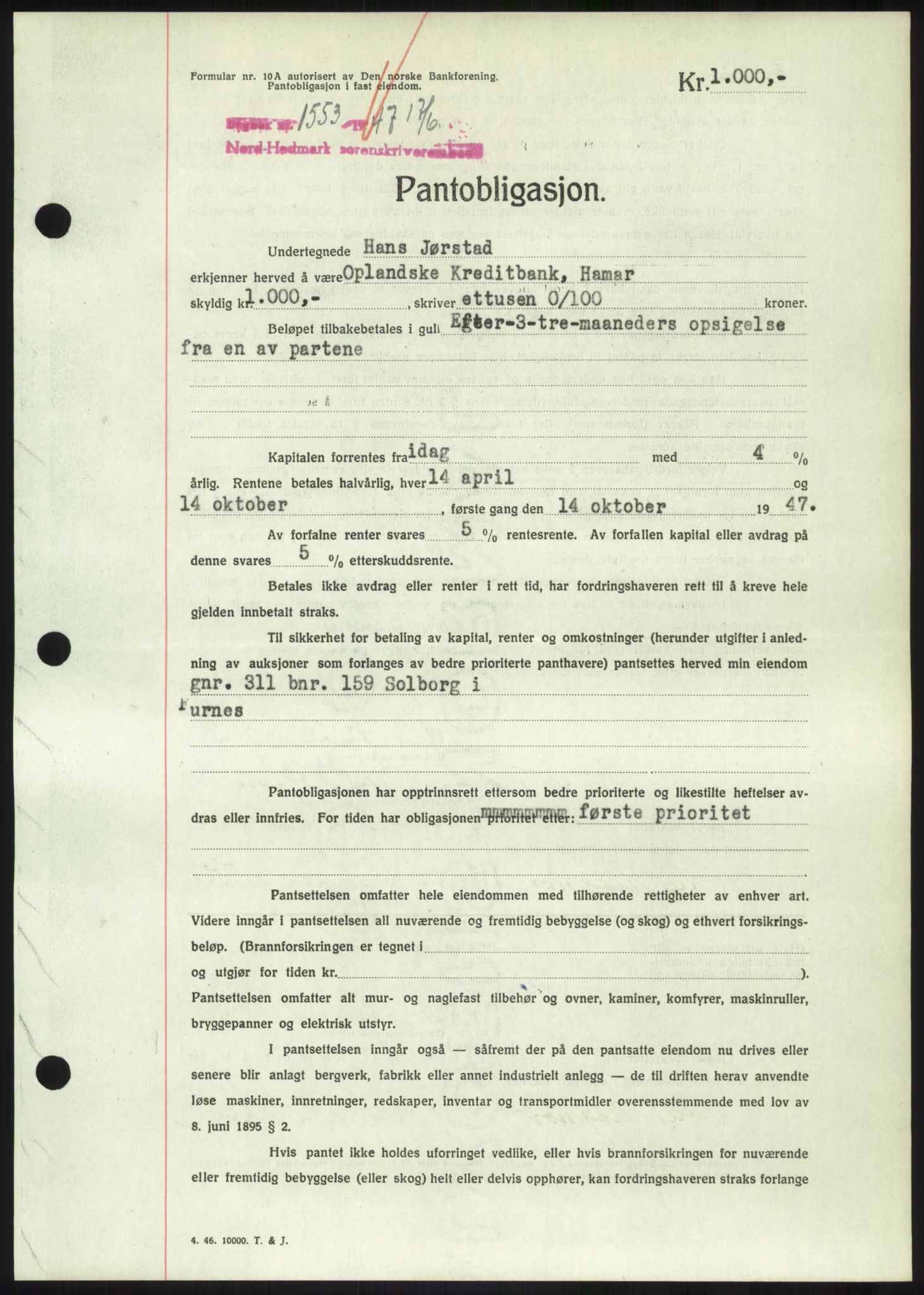Nord-Hedmark sorenskriveri, SAH/TING-012/H/Hb/Hbf/L0013: Mortgage book no. B13, 1947-1947, Diary no: : 1553/1947