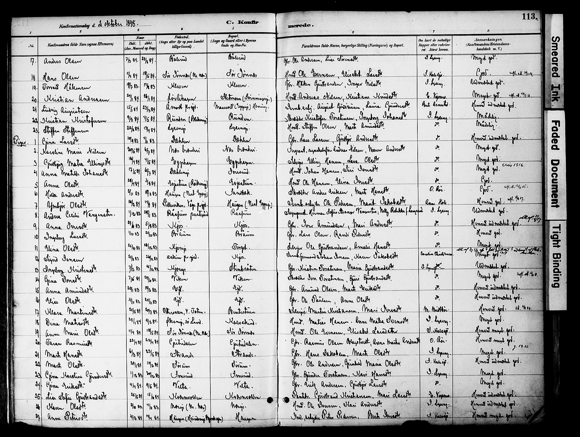 Gran prestekontor, SAH/PREST-112/H/Ha/Haa/L0020: Parish register (official) no. 20, 1889-1899, p. 113