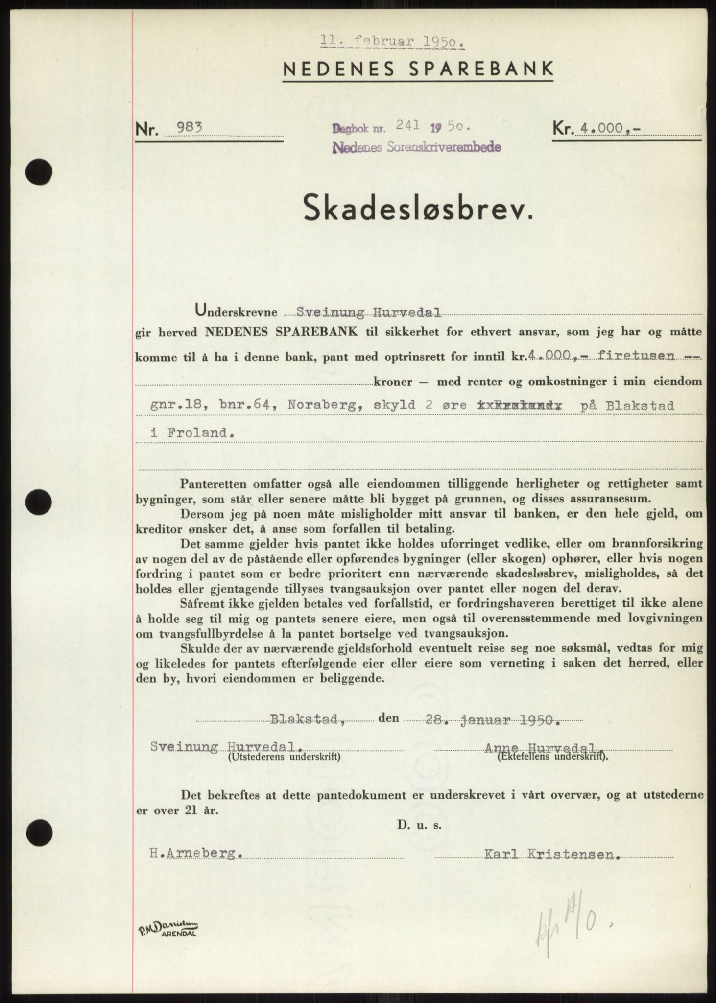 Nedenes sorenskriveri, AV/SAK-1221-0006/G/Gb/Gbb/L0007: Mortgage book no. B7, 1949-1950, Diary no: : 241/1950