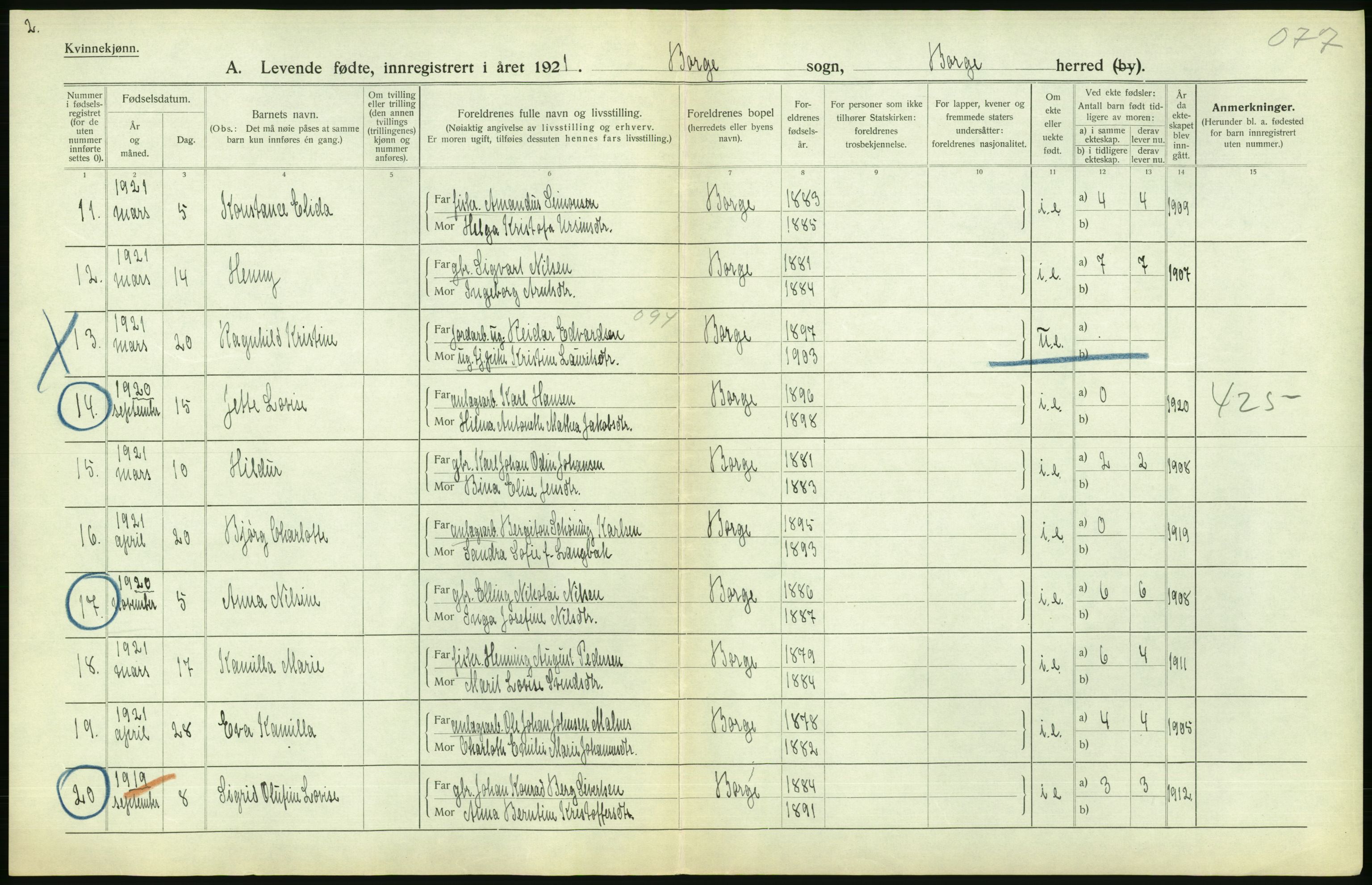 Statistisk sentralbyrå, Sosiodemografiske emner, Befolkning, AV/RA-S-2228/D/Df/Dfc/Dfca/L0049: Nordland fylke: Levendefødte menn og kvinner. Bygder., 1921, p. 326