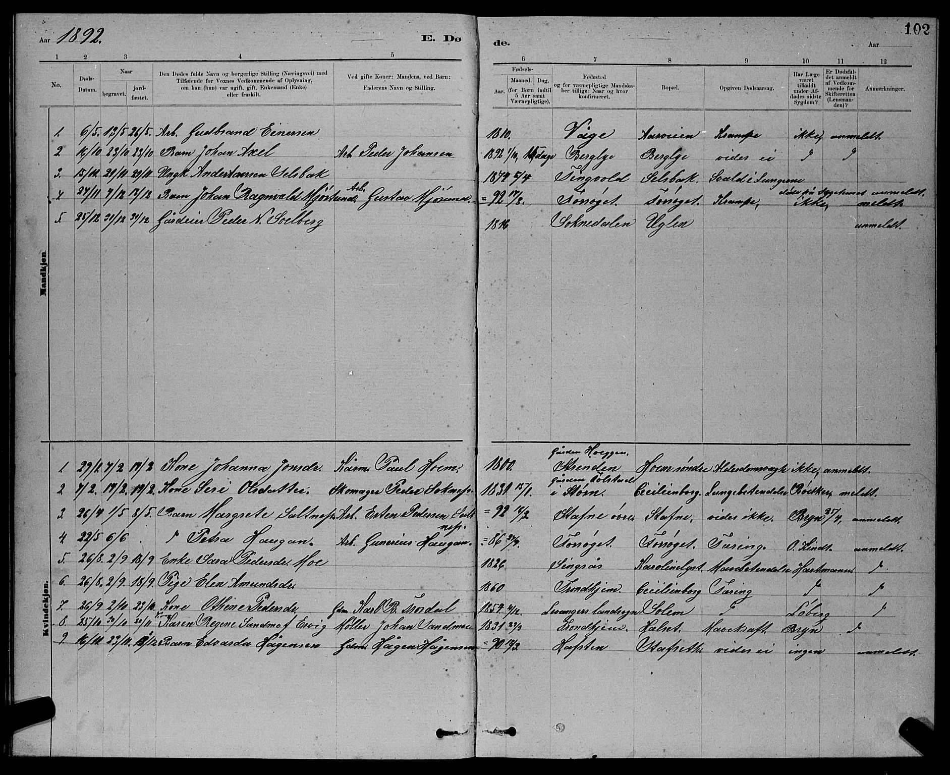 Ministerialprotokoller, klokkerbøker og fødselsregistre - Sør-Trøndelag, SAT/A-1456/611/L0354: Parish register (copy) no. 611C02, 1881-1896, p. 102