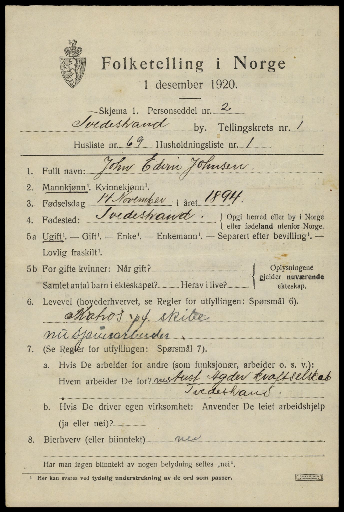 SAK, 1920 census for Tvedestrand, 1920, p. 2093