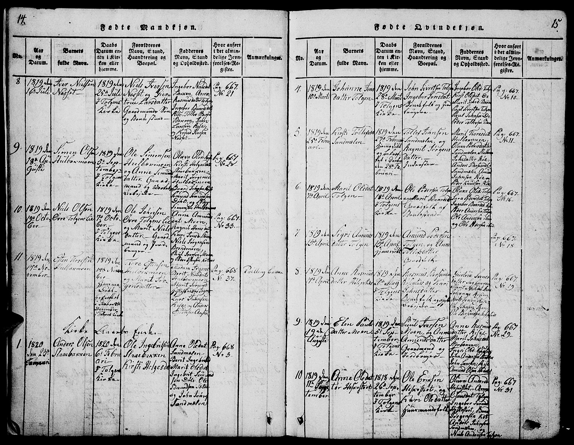 Tolga prestekontor, AV/SAH-PREST-062/L/L0001: Parish register (copy) no. 1, 1814-1877, p. 14-15