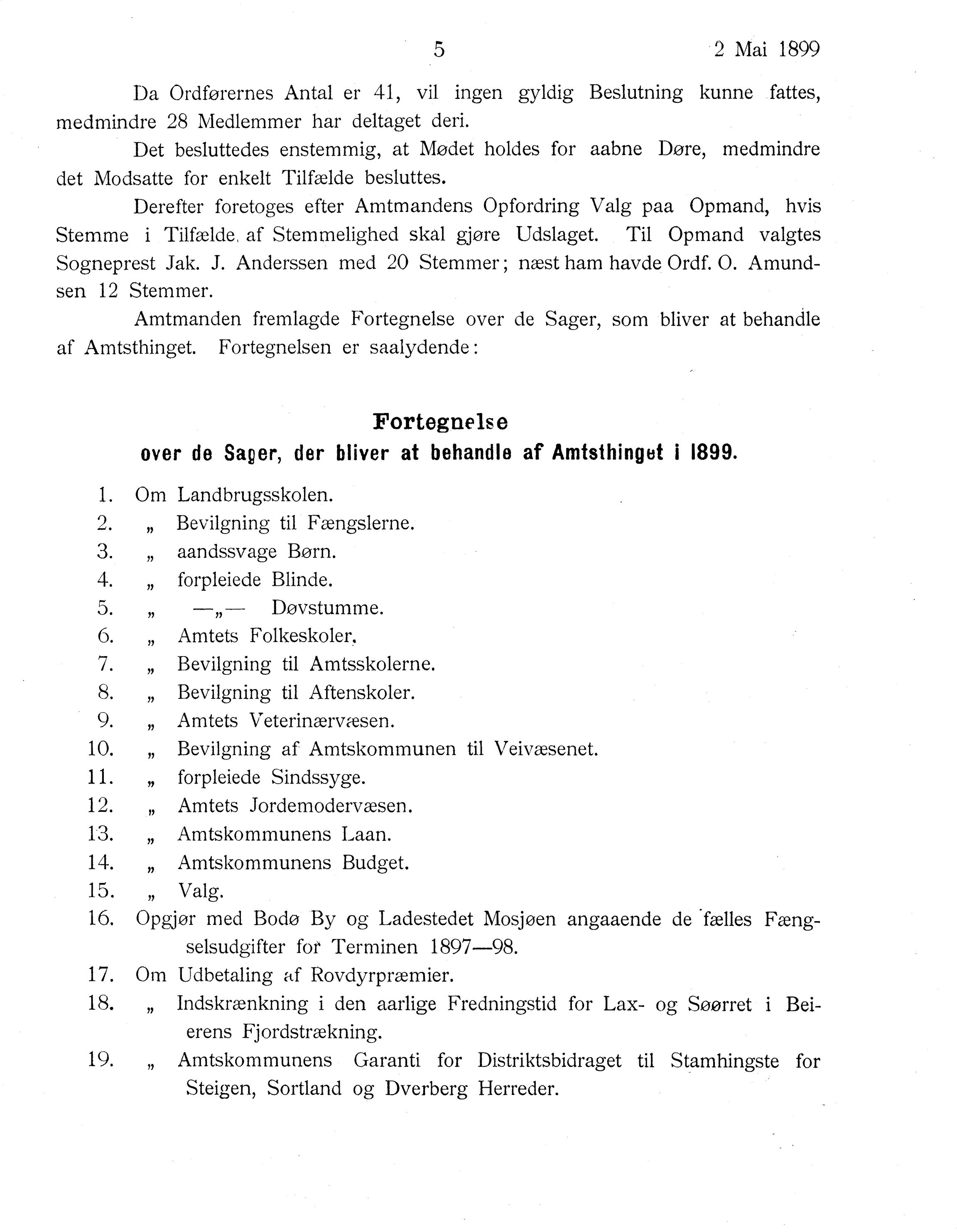 Nordland Fylkeskommune. Fylkestinget, AIN/NFK-17/176/A/Ac/L0022: Fylkestingsforhandlinger 1899, 1899, p. 5