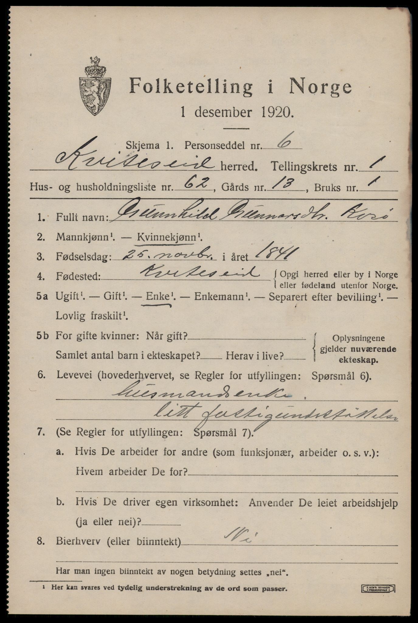 SAKO, 1920 census for Kviteseid, 1920, p. 2077