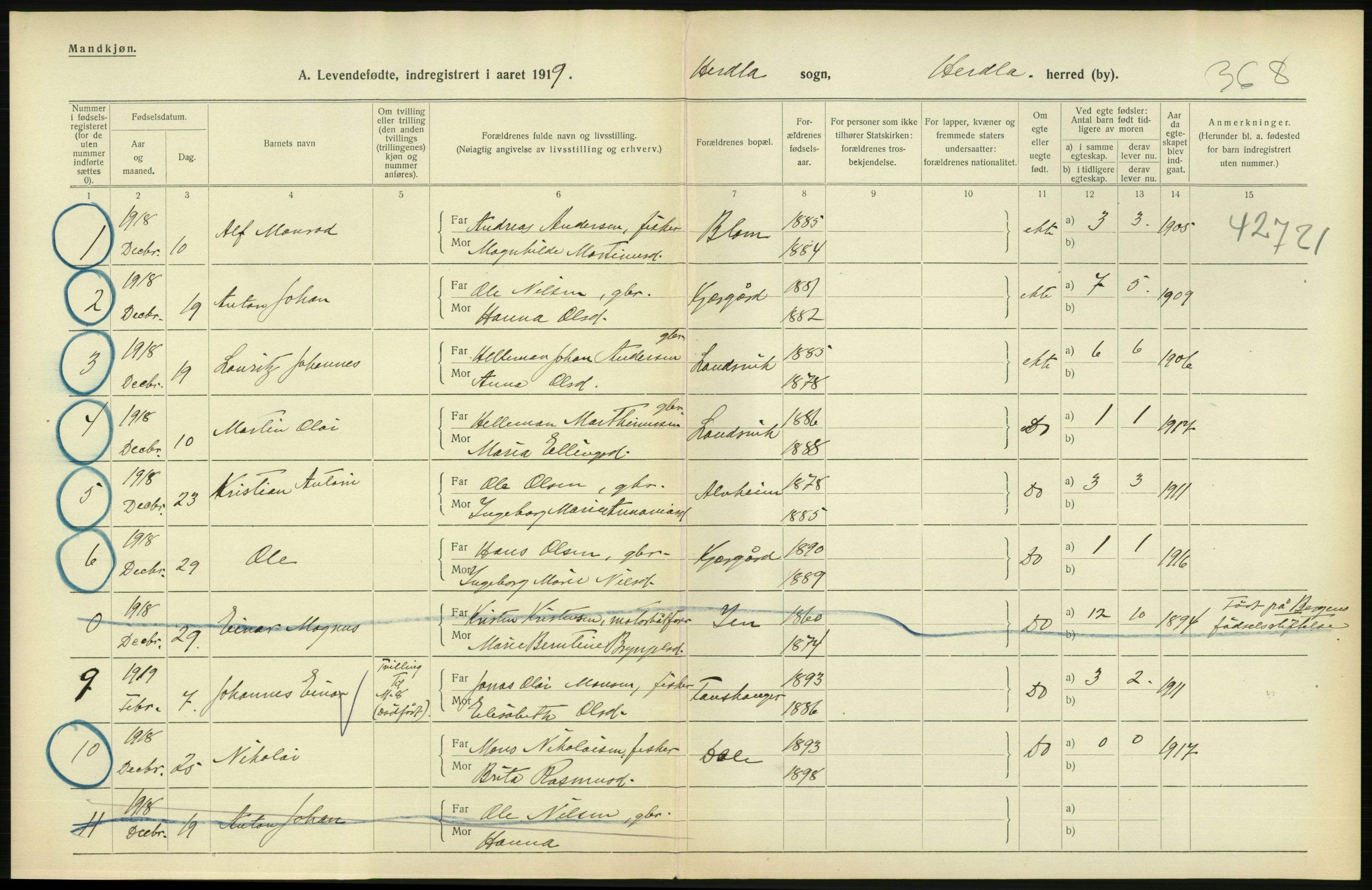 Statistisk sentralbyrå, Sosiodemografiske emner, Befolkning, RA/S-2228/D/Df/Dfb/Dfbi/L0031: Hordaland fylke: Levendefødte menn og kvinner. Bygder., 1919, p. 458