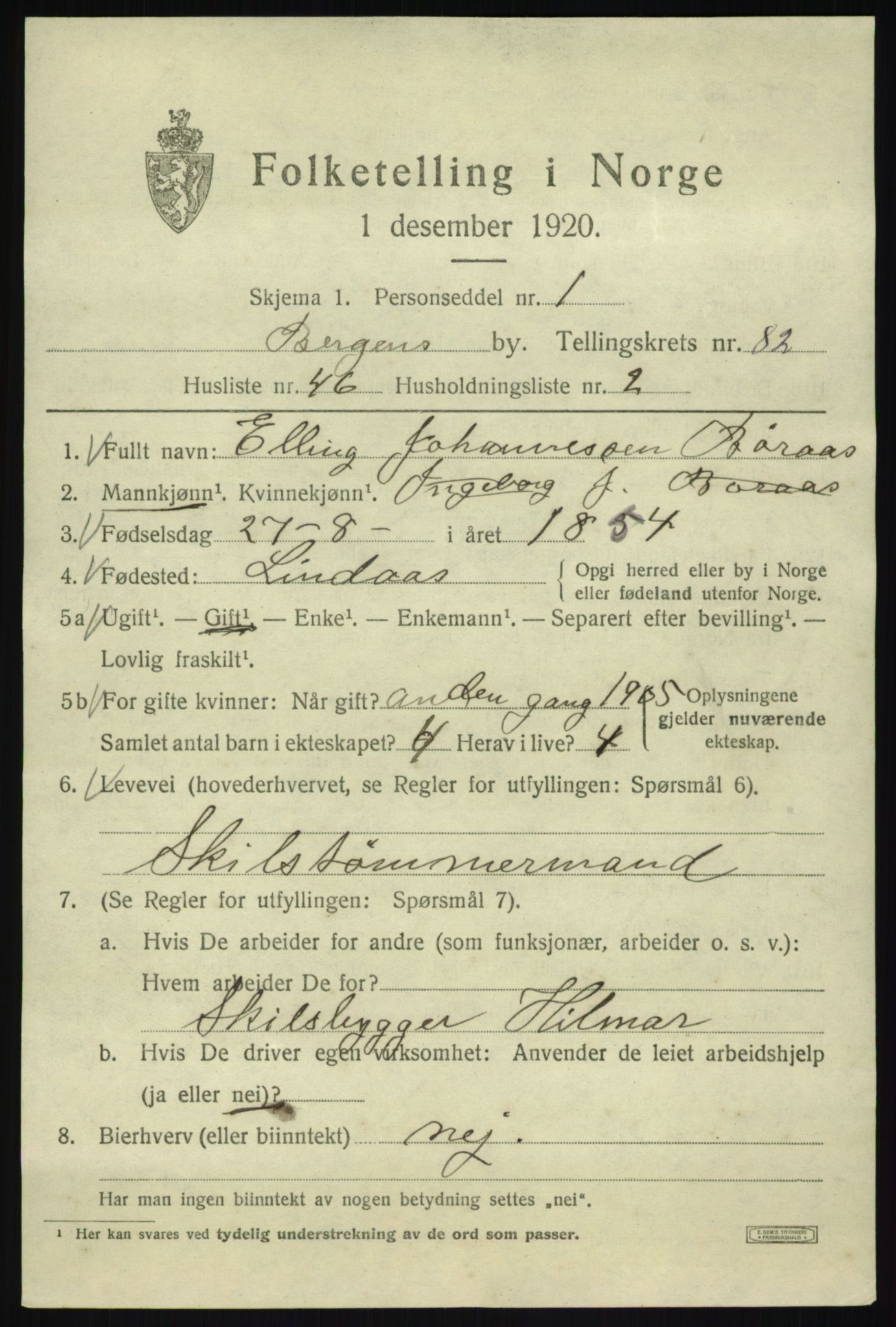 SAB, 1920 census for Bergen, 1920, p. 154259