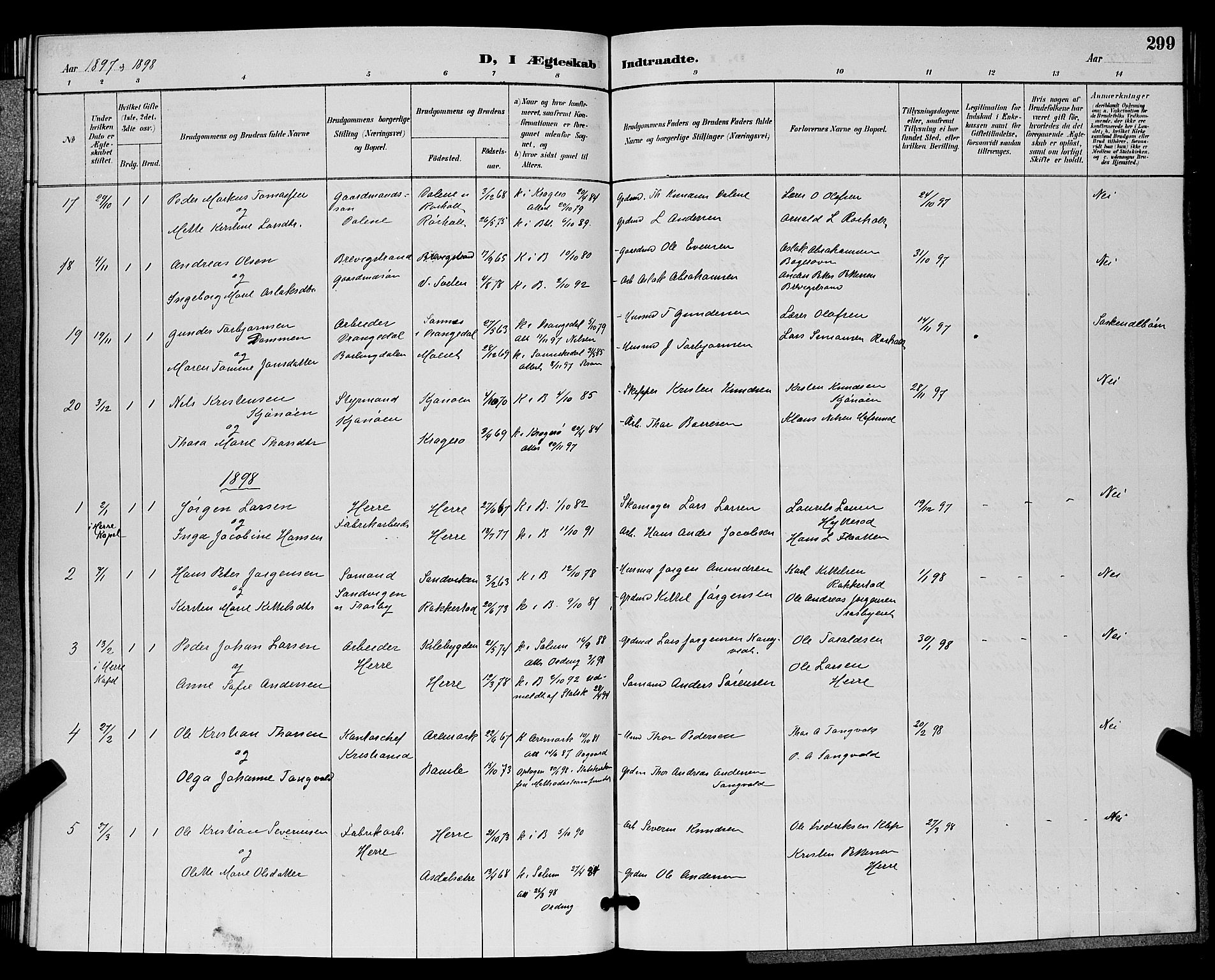 Bamble kirkebøker, SAKO/A-253/G/Ga/L0009: Parish register (copy) no. I 9, 1888-1900, p. 299