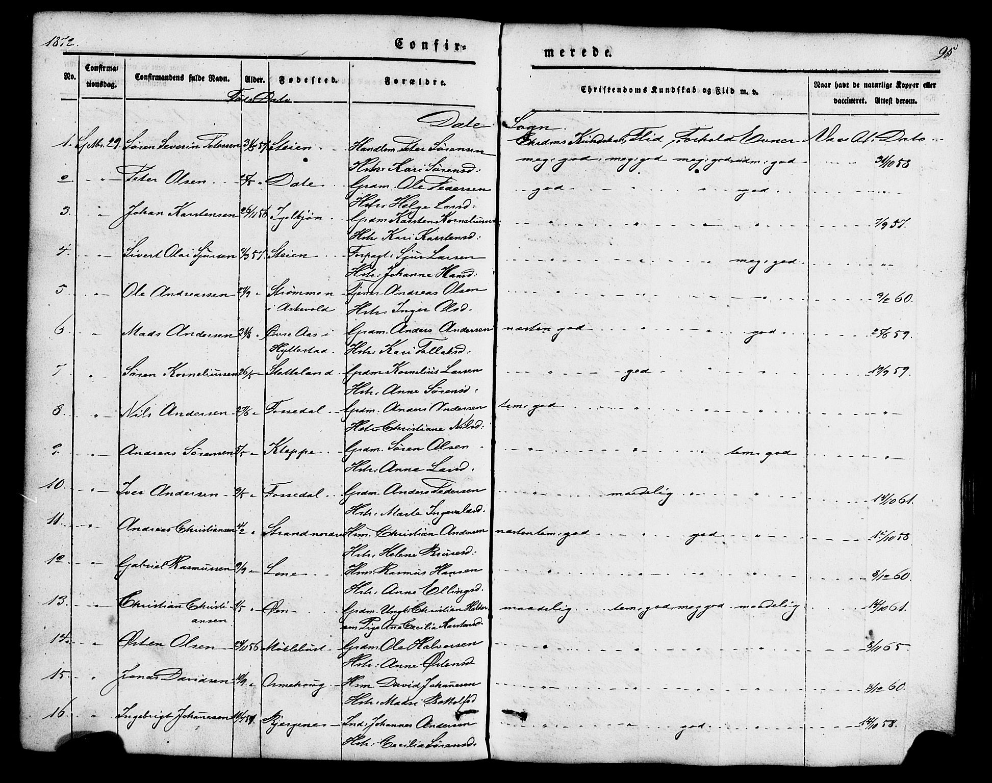 Fjaler sokneprestembete, AV/SAB-A-79801/H/Haa/Haaa/L0008: Parish register (official) no. A 8, 1850-1886, p. 95