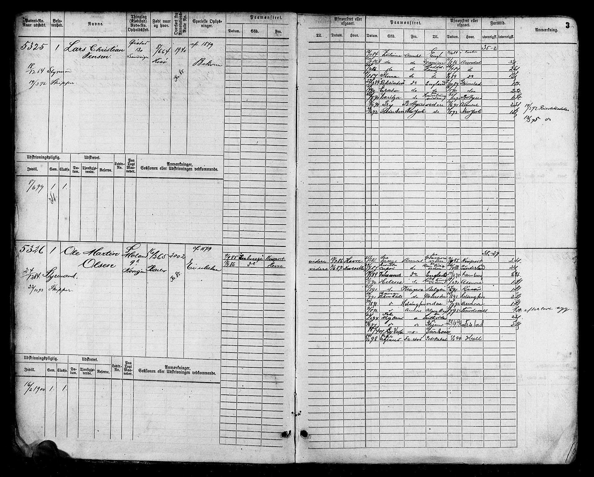 Arendal mønstringskrets, AV/SAK-2031-0012/F/Fb/L0017: Hovedrulle A nr 5323-6076, S-15, 1884-1892, p. 3